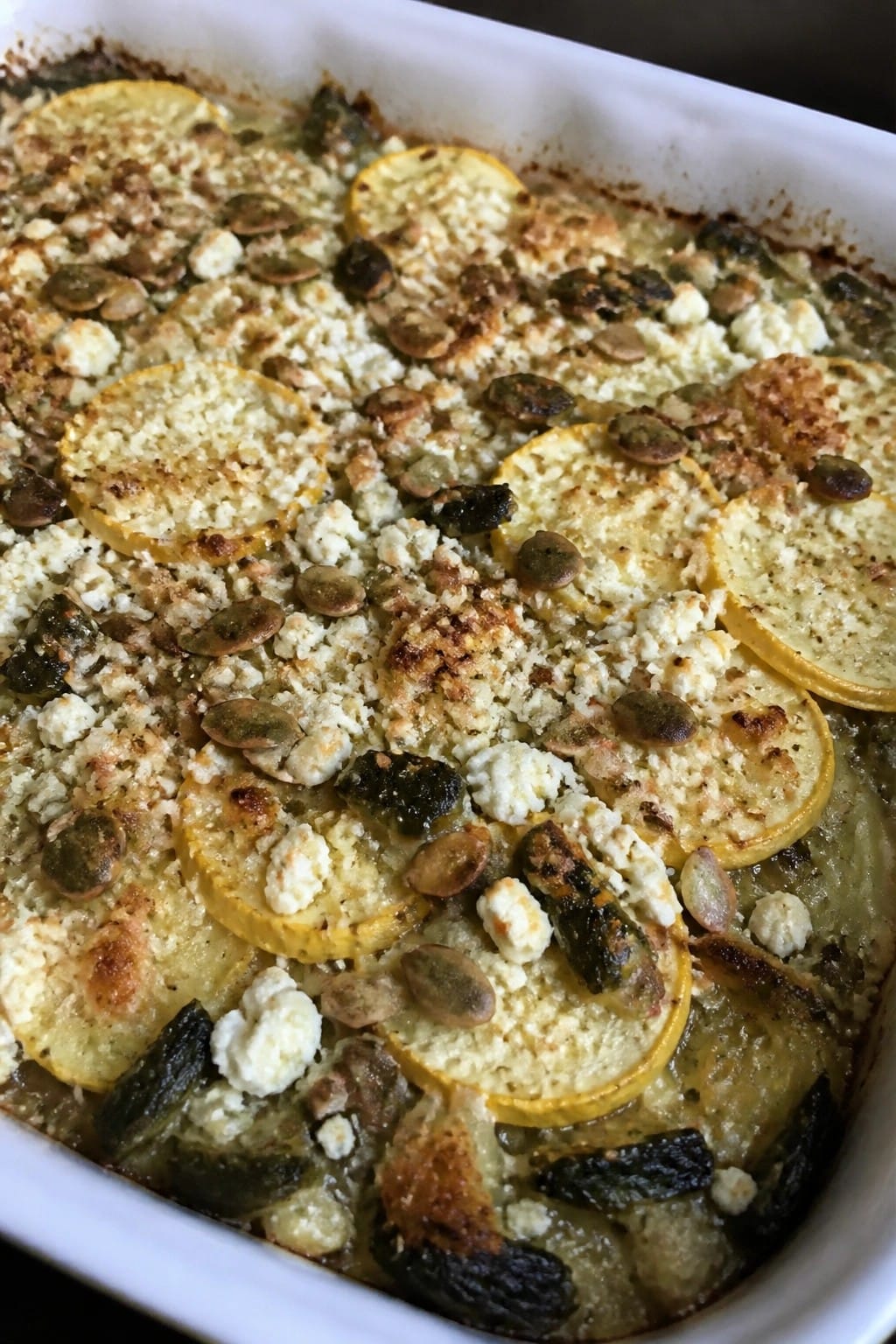 Spicy Poblano Summer Squash Casserole with Cotija and Toasted Pepitas