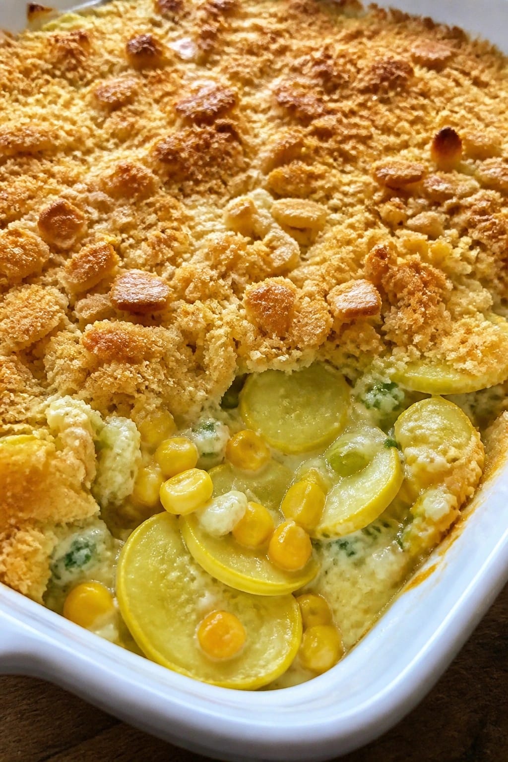 Summer Squash and Sweet Corn Casserole with Chive Cream and Crushed Cracker Topping