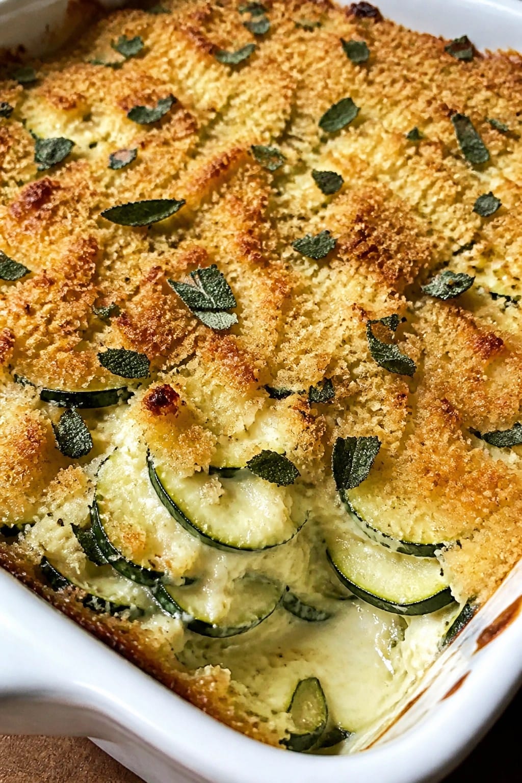 Three-Cheese Zucchini Casserole with Roasted Garlic and Sage Breadcrumb Crust