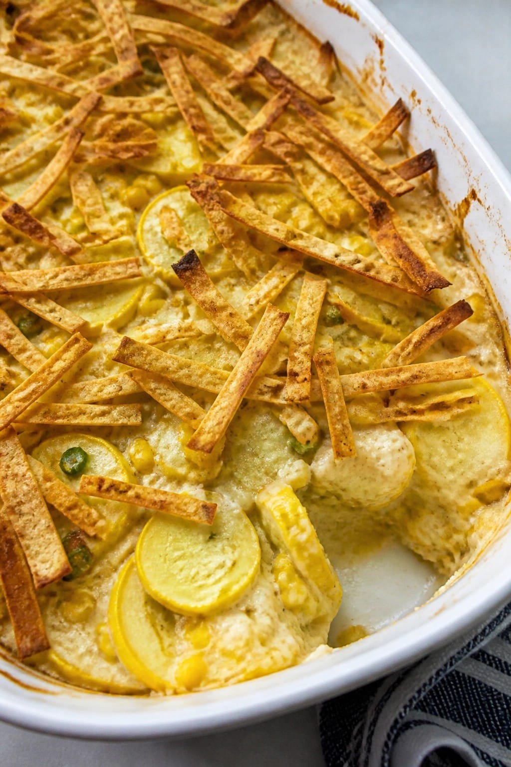 Yellow Squash and Corn Casserole with Jalapeño Cream and Crispy Tortilla Topping