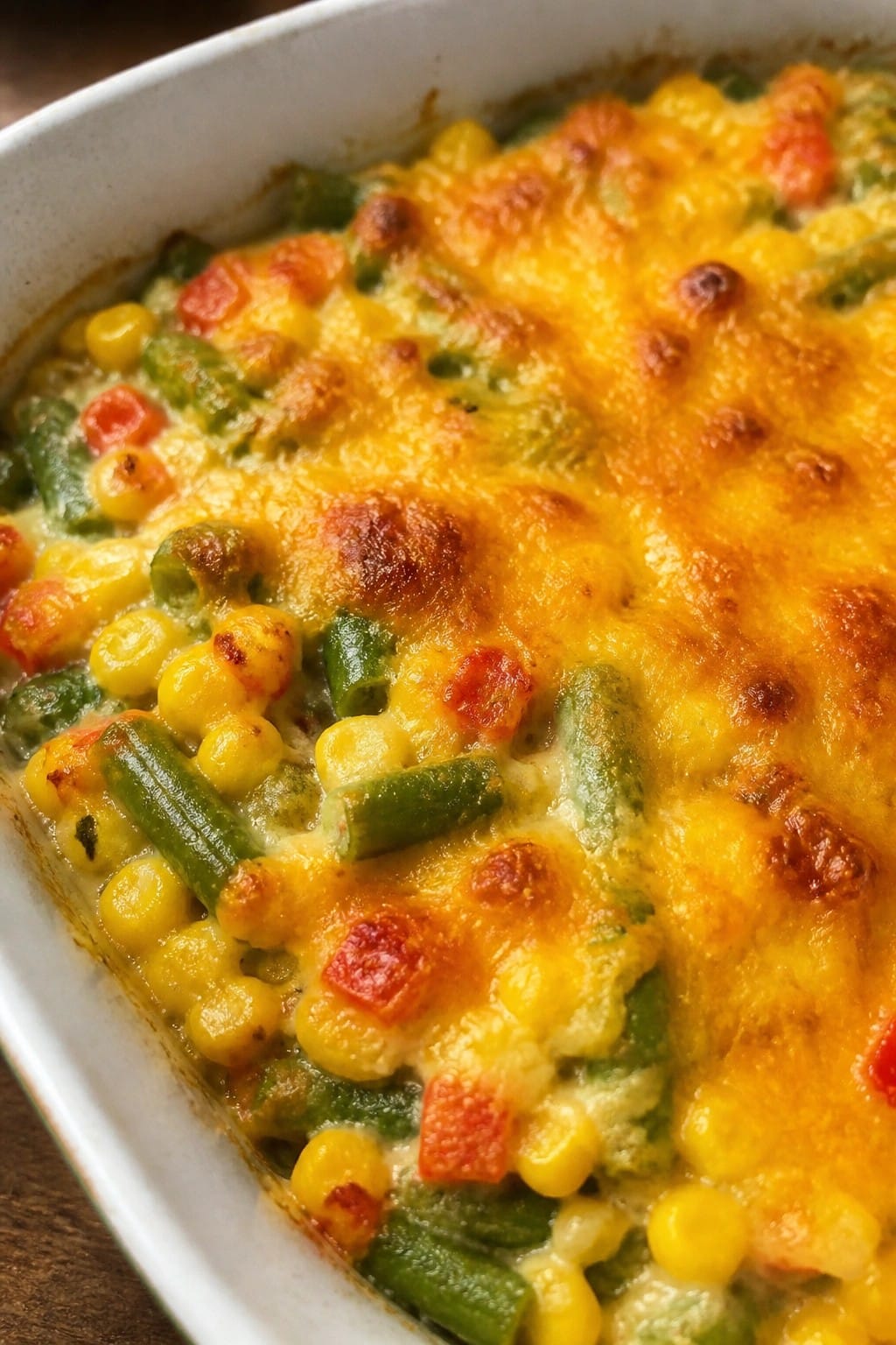 Cheesy Corn, Green Bean, and Red Pepper Casserole