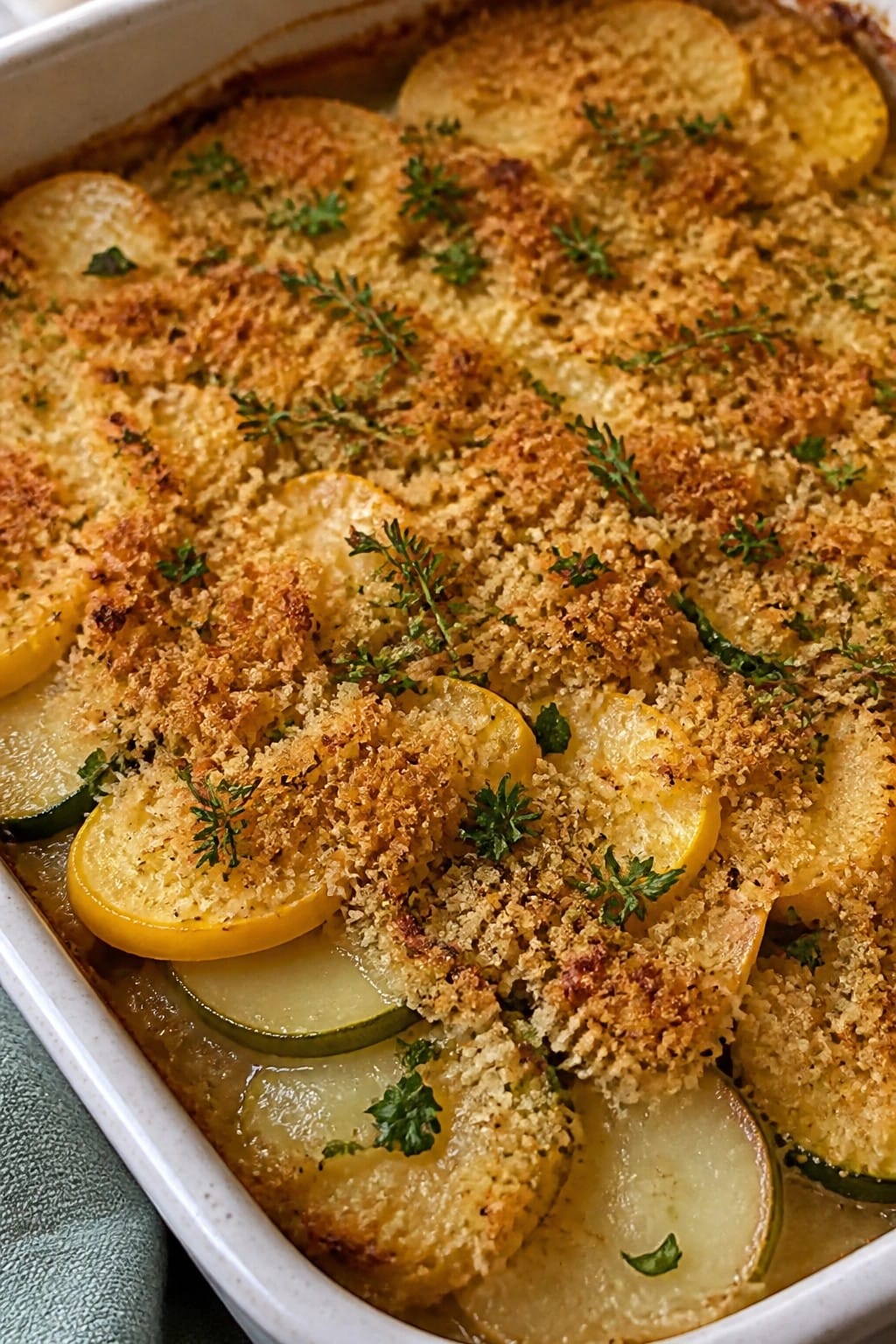 Herbed Summer Squash and Potato Casserole with Garlic Breadcrumbs