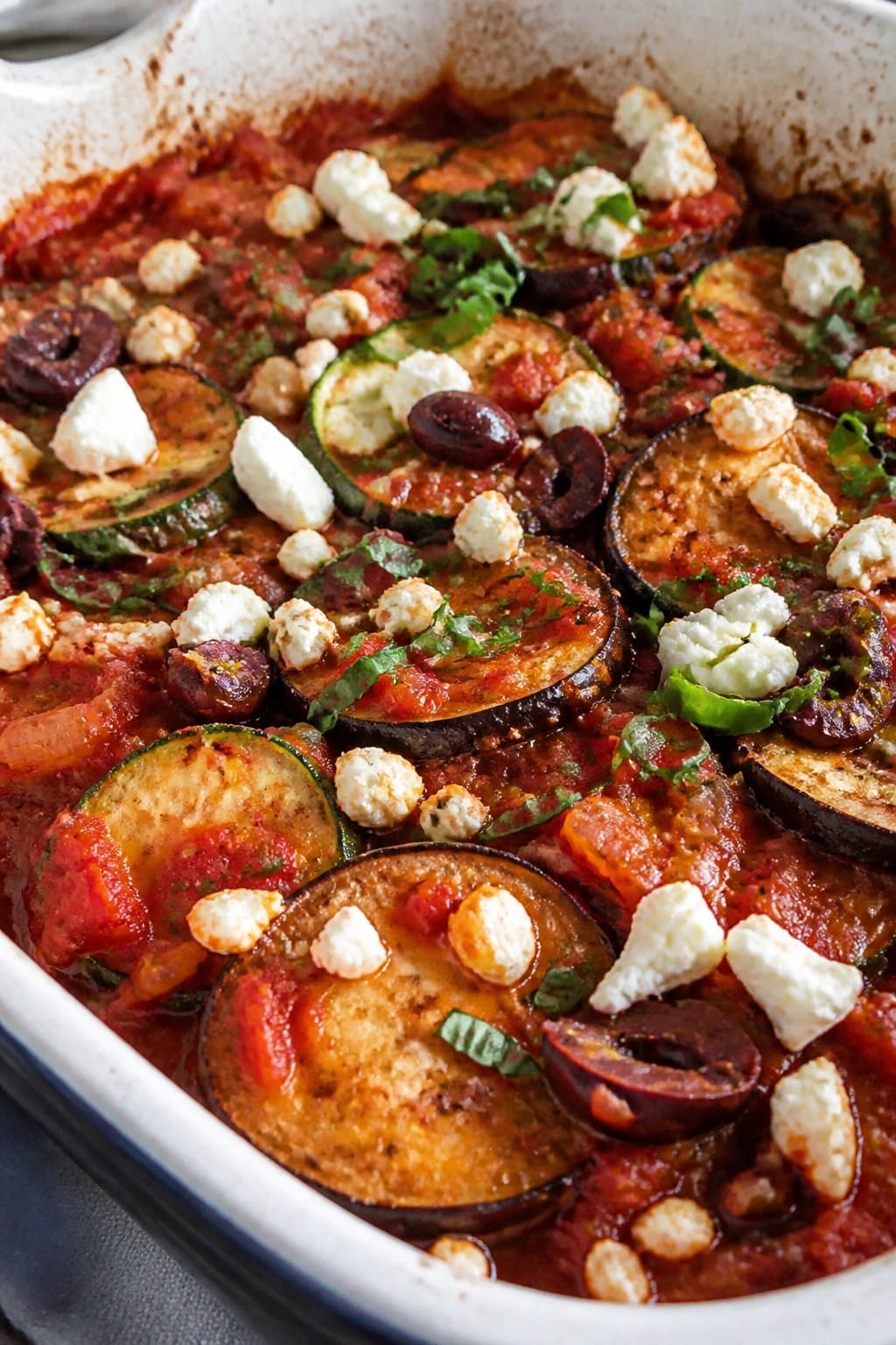 Mediterranean Eggplant and Zucchini Casserole with Feta and Olives