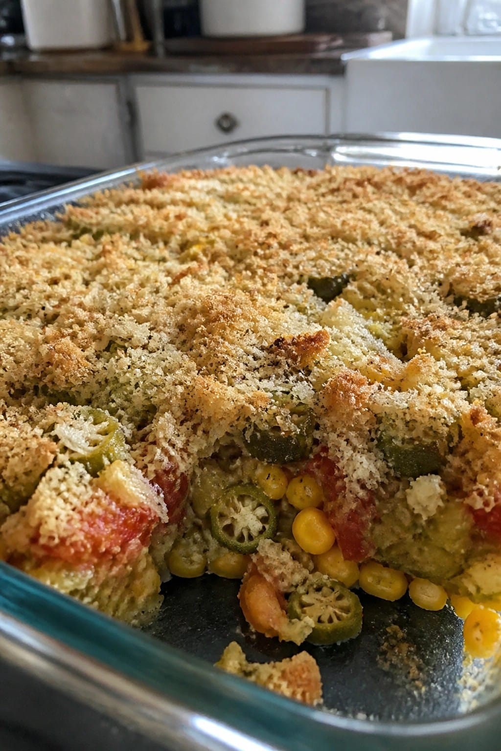 Southern Okra, Corn, and Tomato Casserole with Crispy Topping