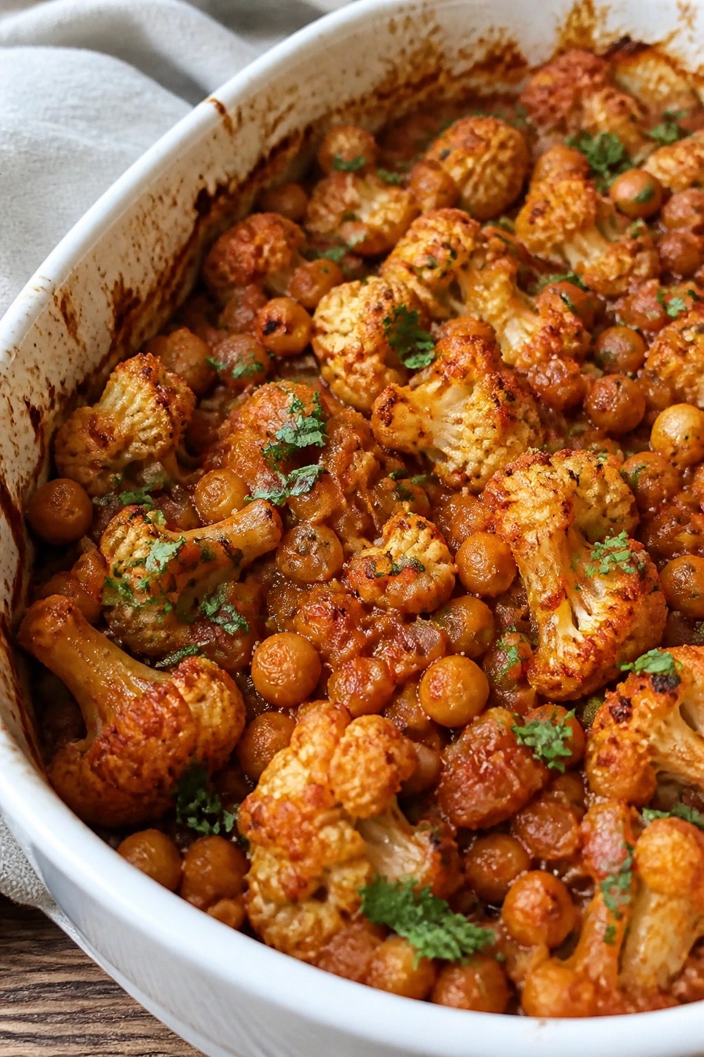 Moroccan Spiced Chickpea and Cauliflower Casserole