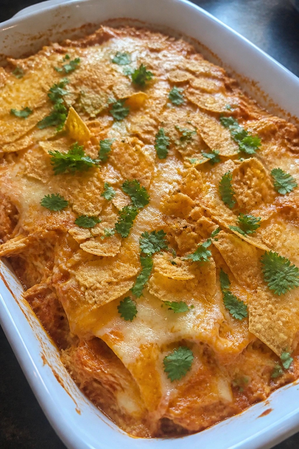 Cheesy Chicken Tinga Casserole with Crispy Tortilla Chips