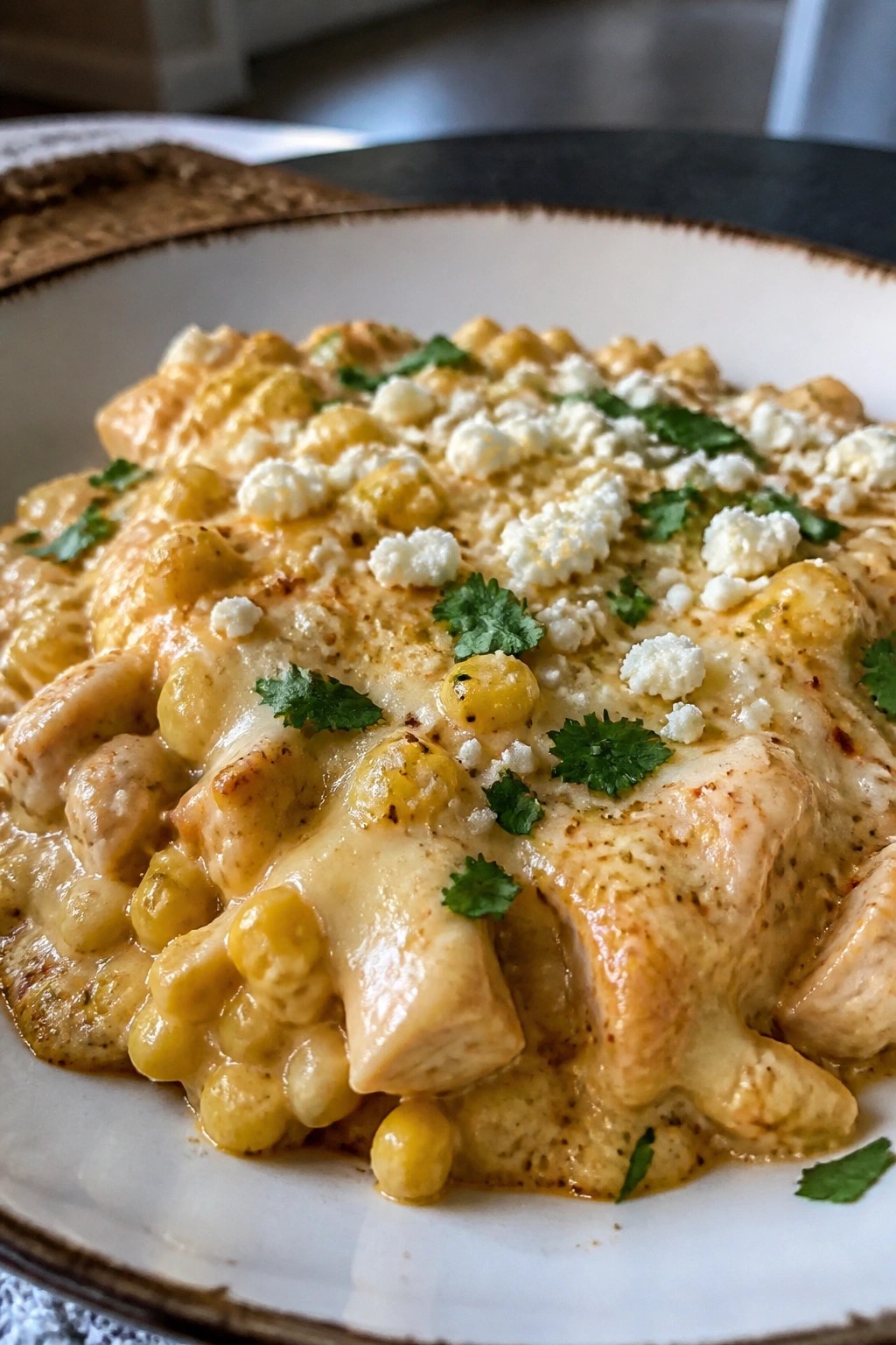 Cheesy Mexican Street Corn Chicken Casserole with Cotija