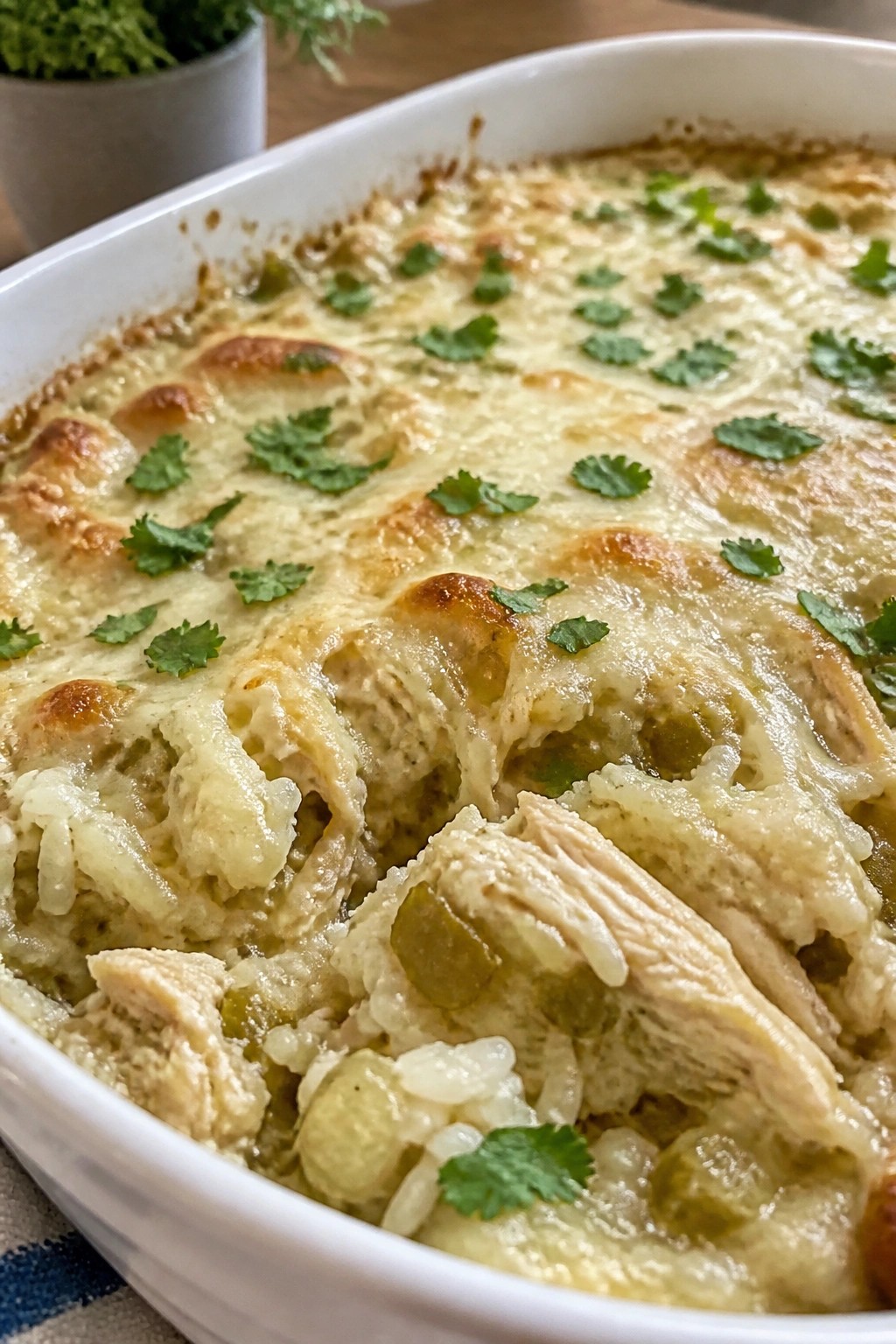 Chicken Chile Verde Rice Casserole with Melted Monterey Jack