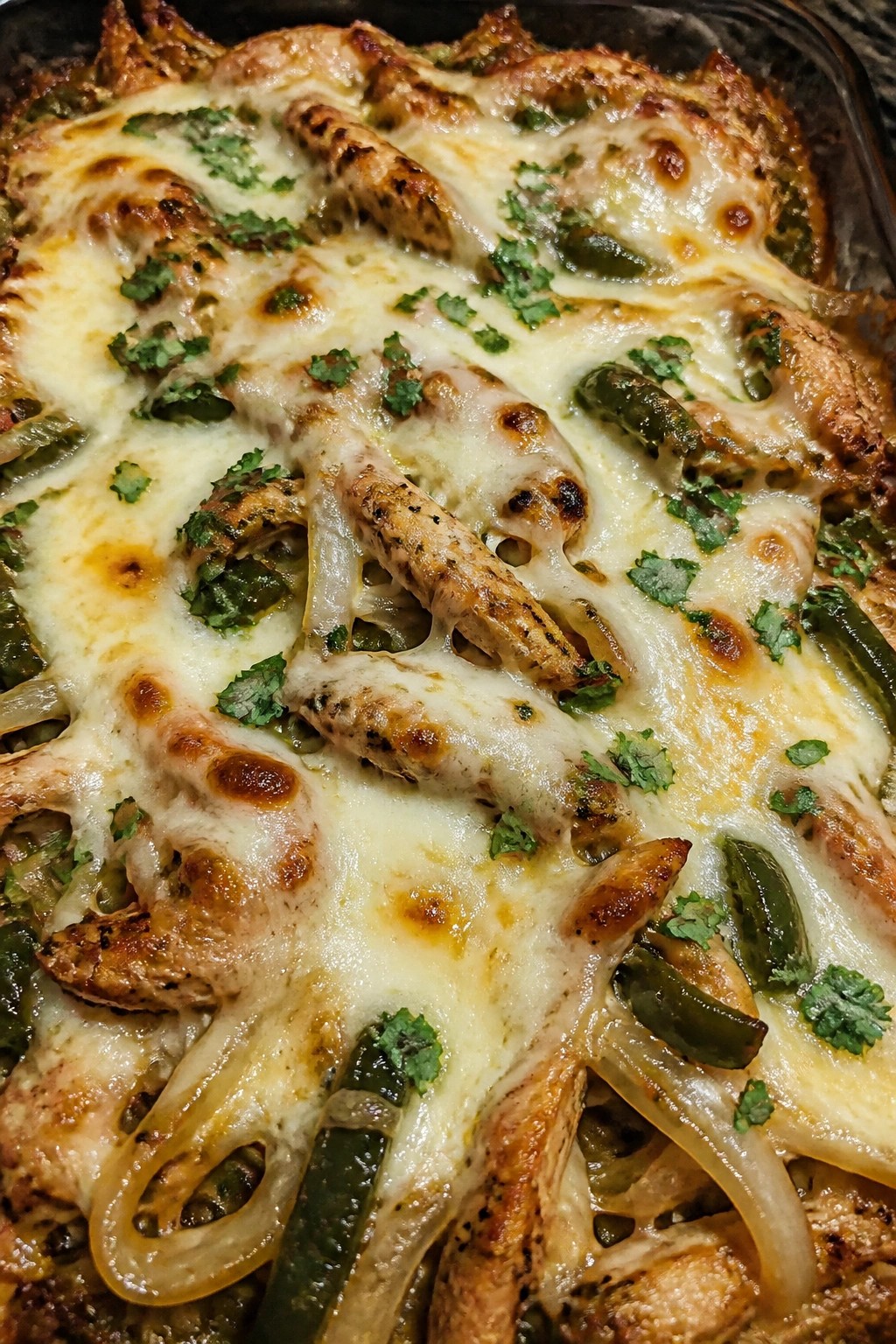Chicken Fajita Casserole with Poblano Peppers and Oaxaca Cheese