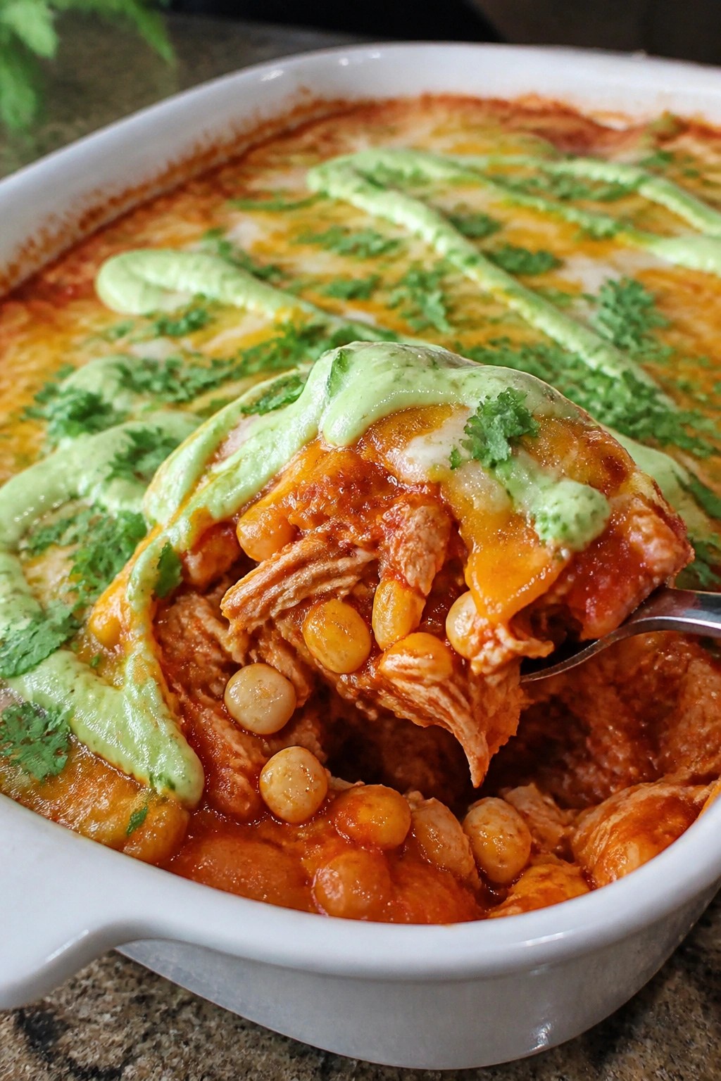 Chicken Pozole Casserole with Hominy and Avocado Crema