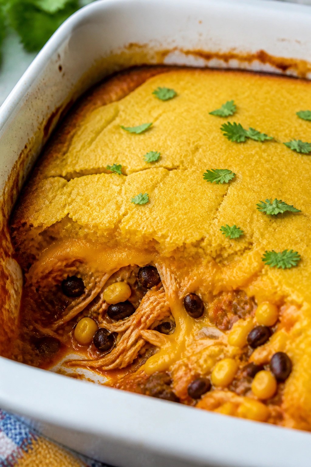 Zesty Chicken Tamale Pie Casserole Topped with Masa