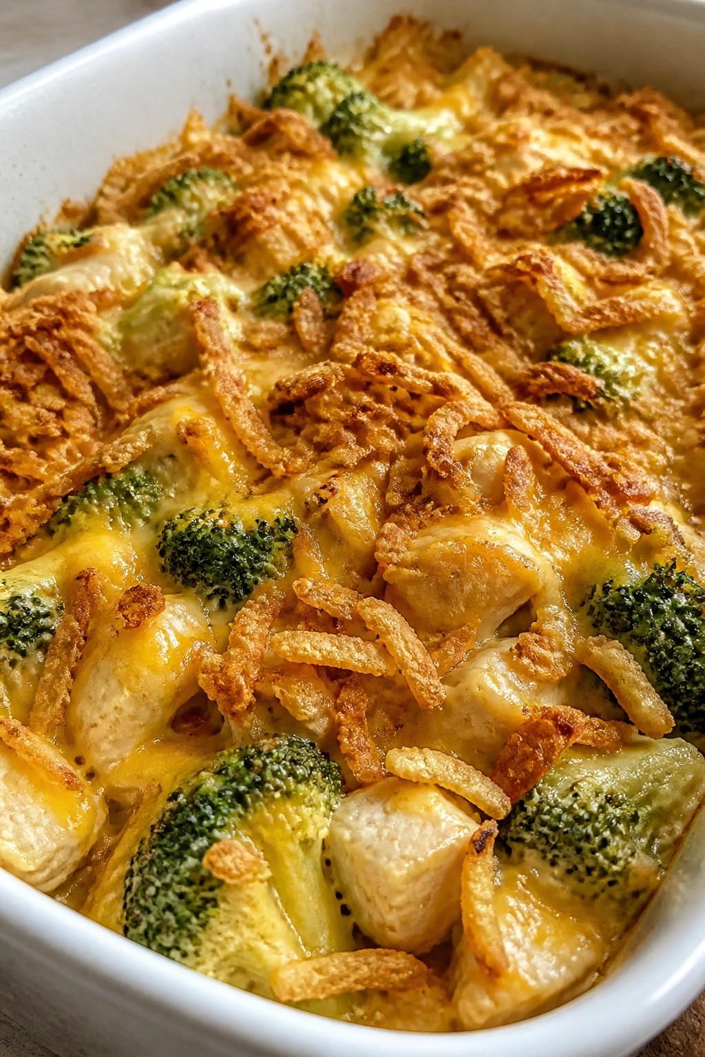 Cheesy Broccoli Chicken Casserole with Crispy Onion Topping