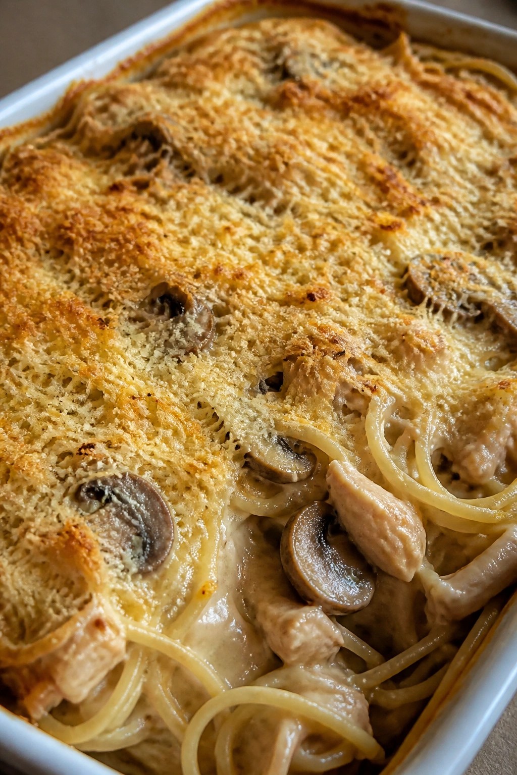 Chicken Tetrazzini Casserole with Mushrooms and Parmesan
