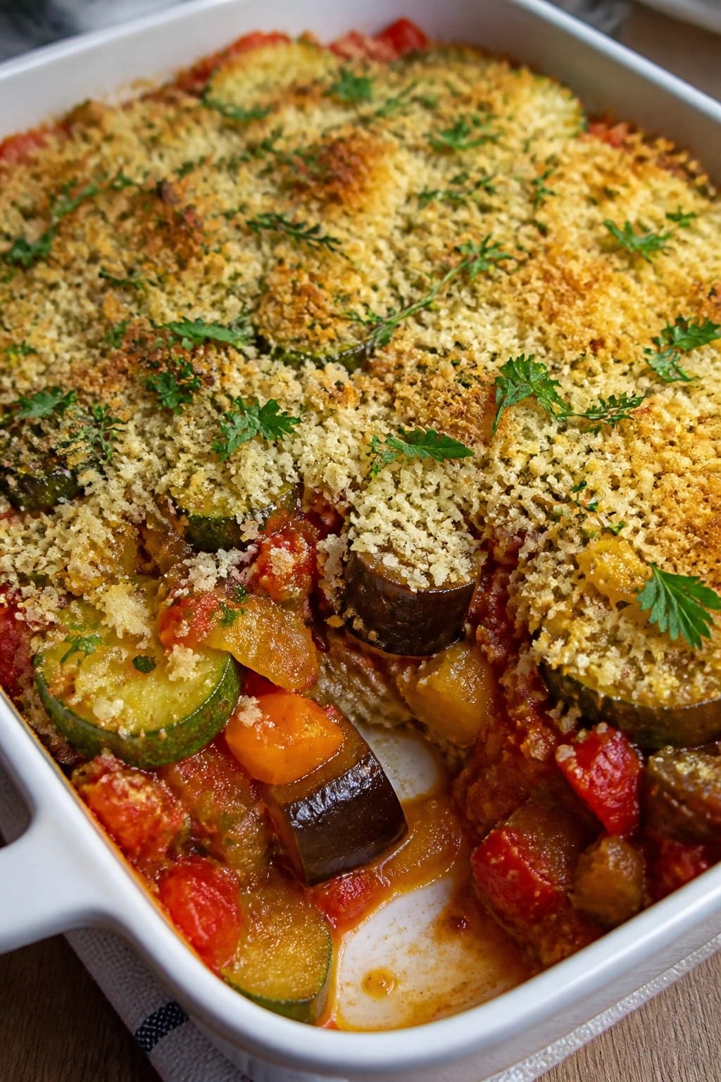 Eggplant Ratatouille Casserole with Herbed Breadcrumbs