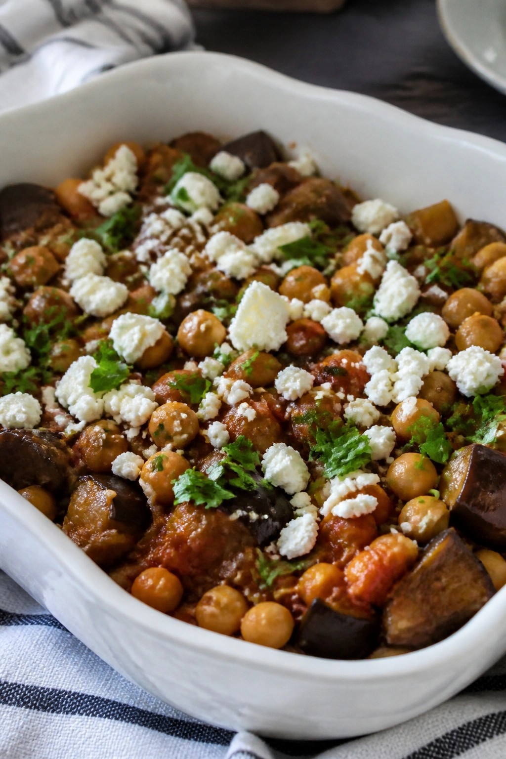 Greek Eggplant Chickpea Casserole with Feta