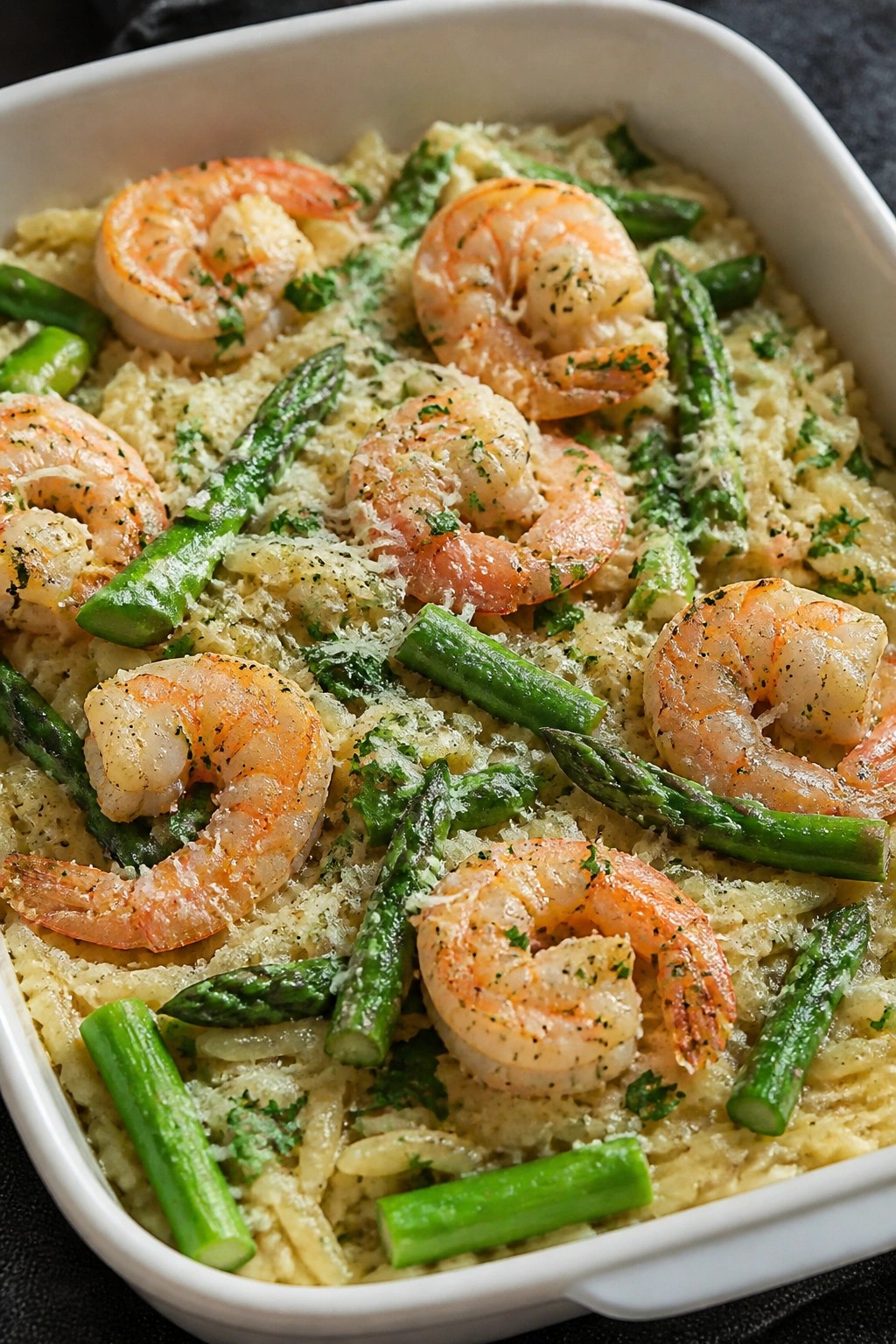 Lemon Garlic Shrimp and Asparagus Orzo Bake