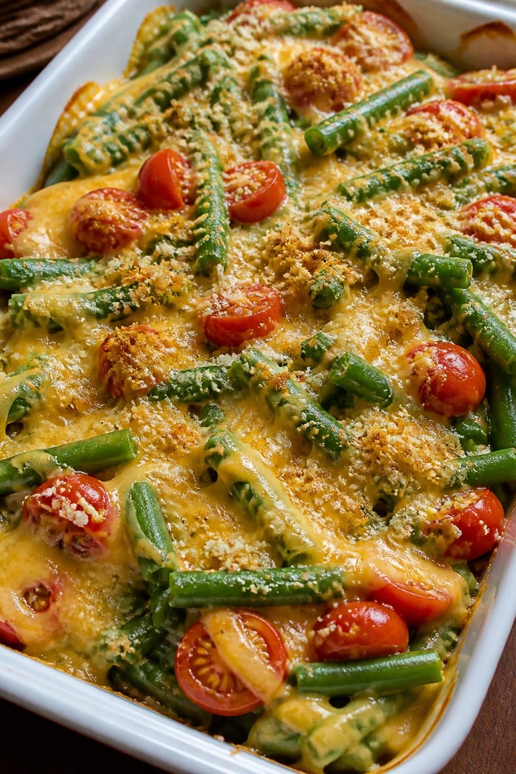 Summer Green Bean Cherry Tomato Cheddar Casserole