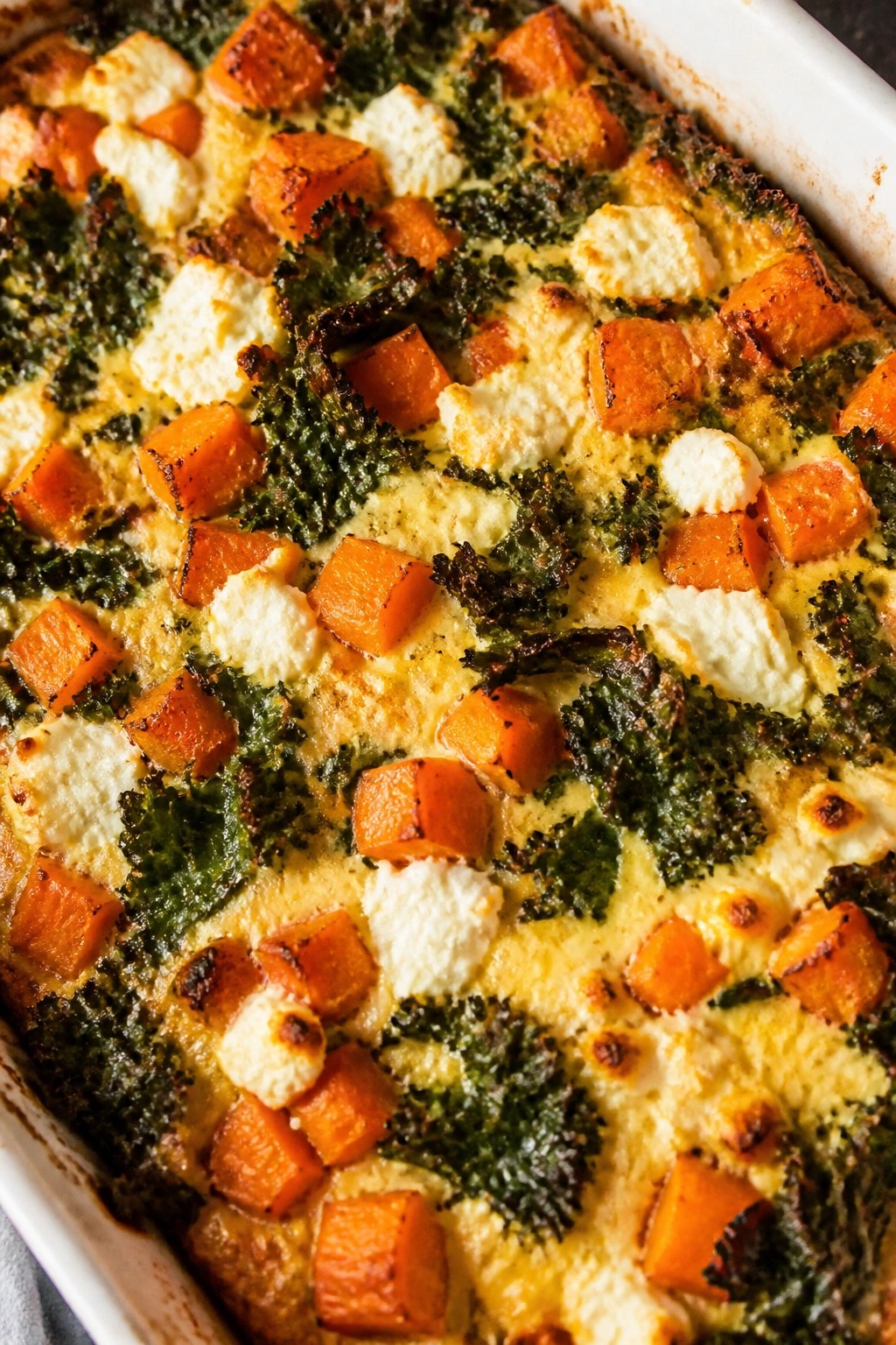 Sweet Potato Kale and Goat Cheese Breakfast Casserole