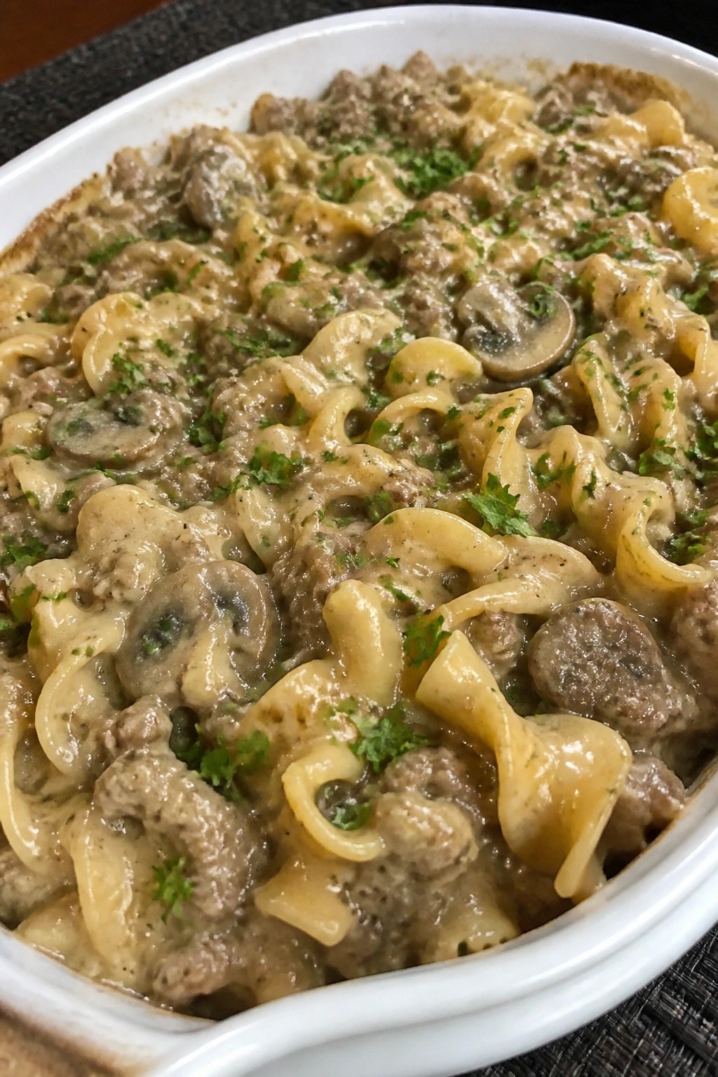 Creamy Mushroom Beef Stroganoff Noodle Casserole