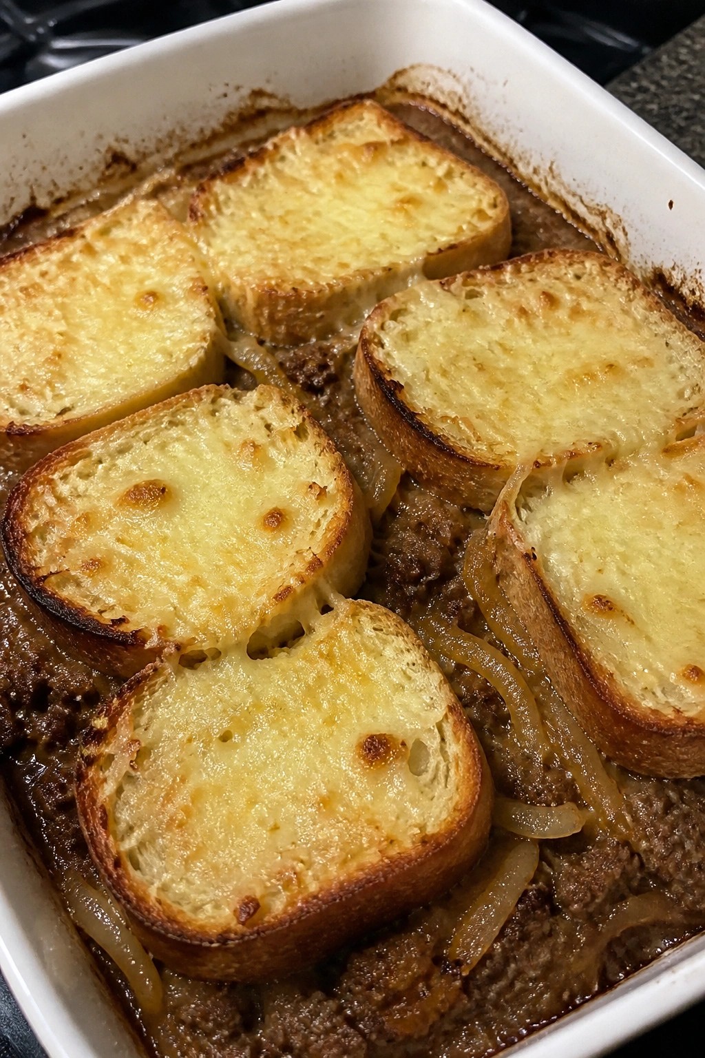 French Onion Beef with Crispy Bread Topping Casserole