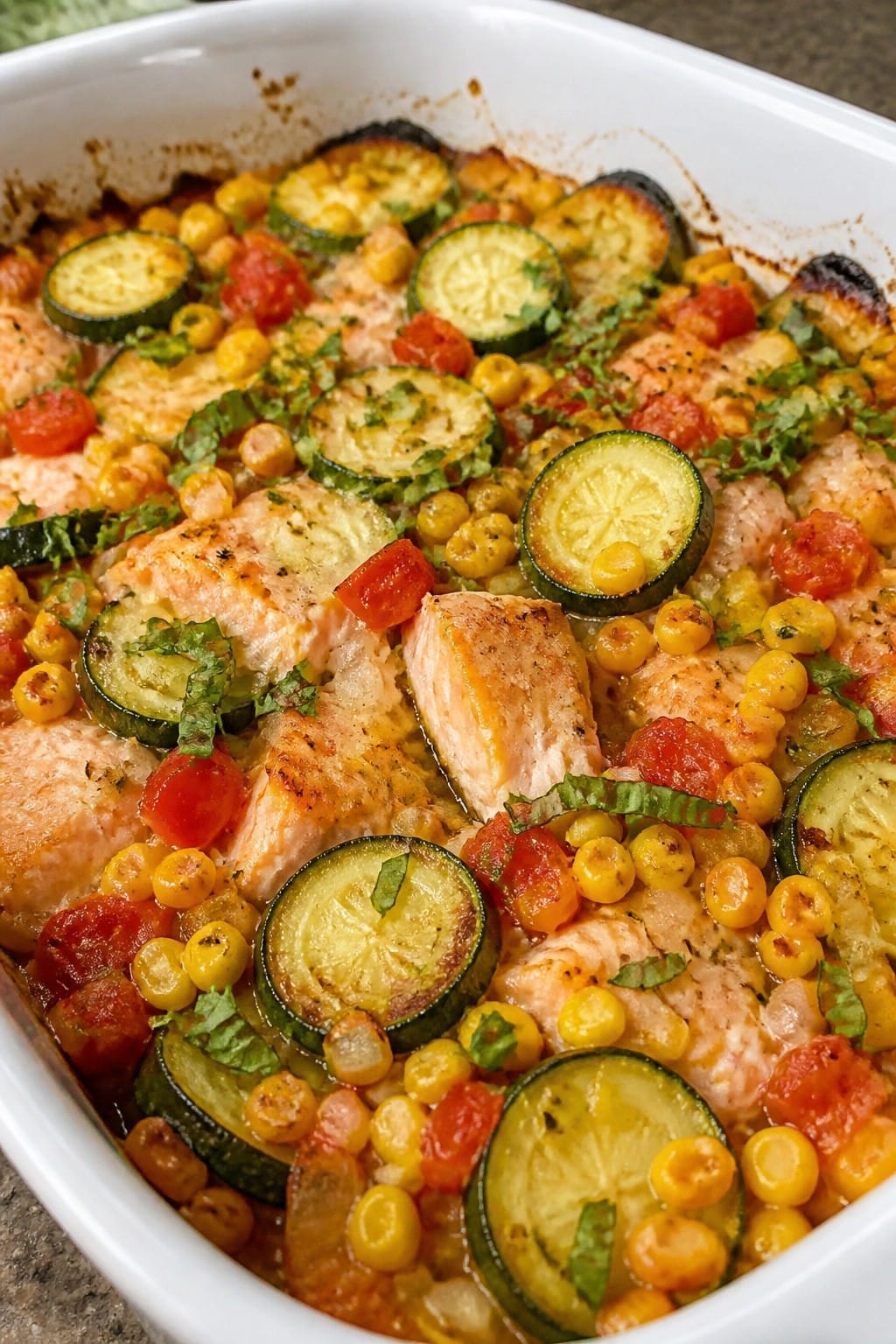 Baked Salmon Corn Tomato Zucchini Casserole