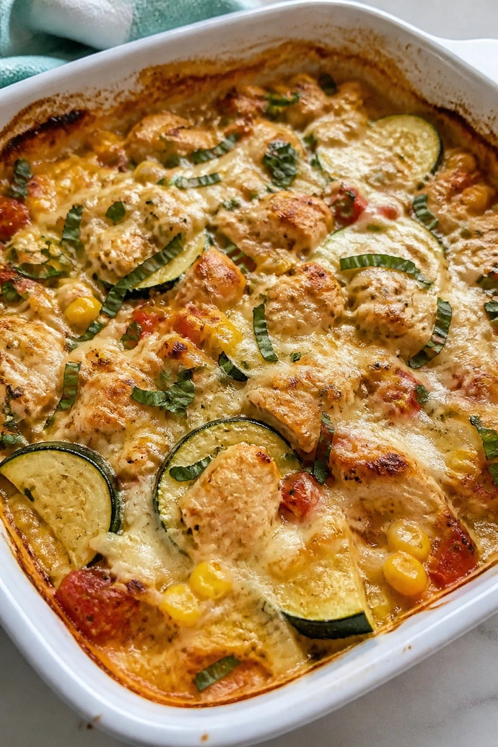 Spicy Harissa Chicken Corn Zucchini Gratin