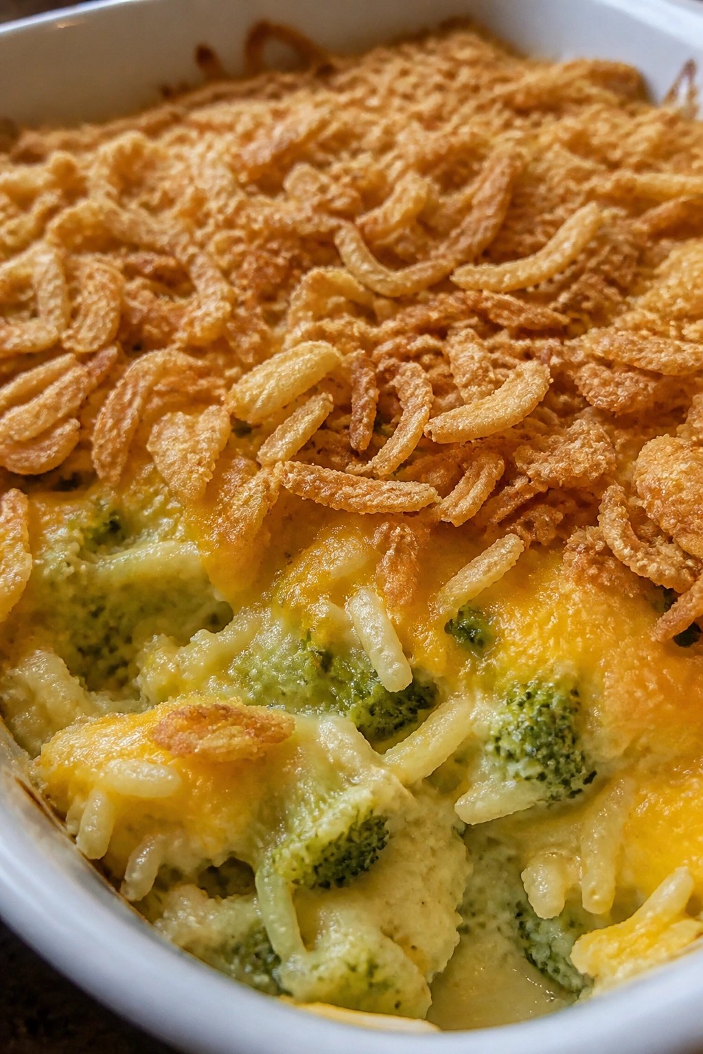 Broccoli Cheddar Hash Brown Breakfast Casserole with Crispy Onions