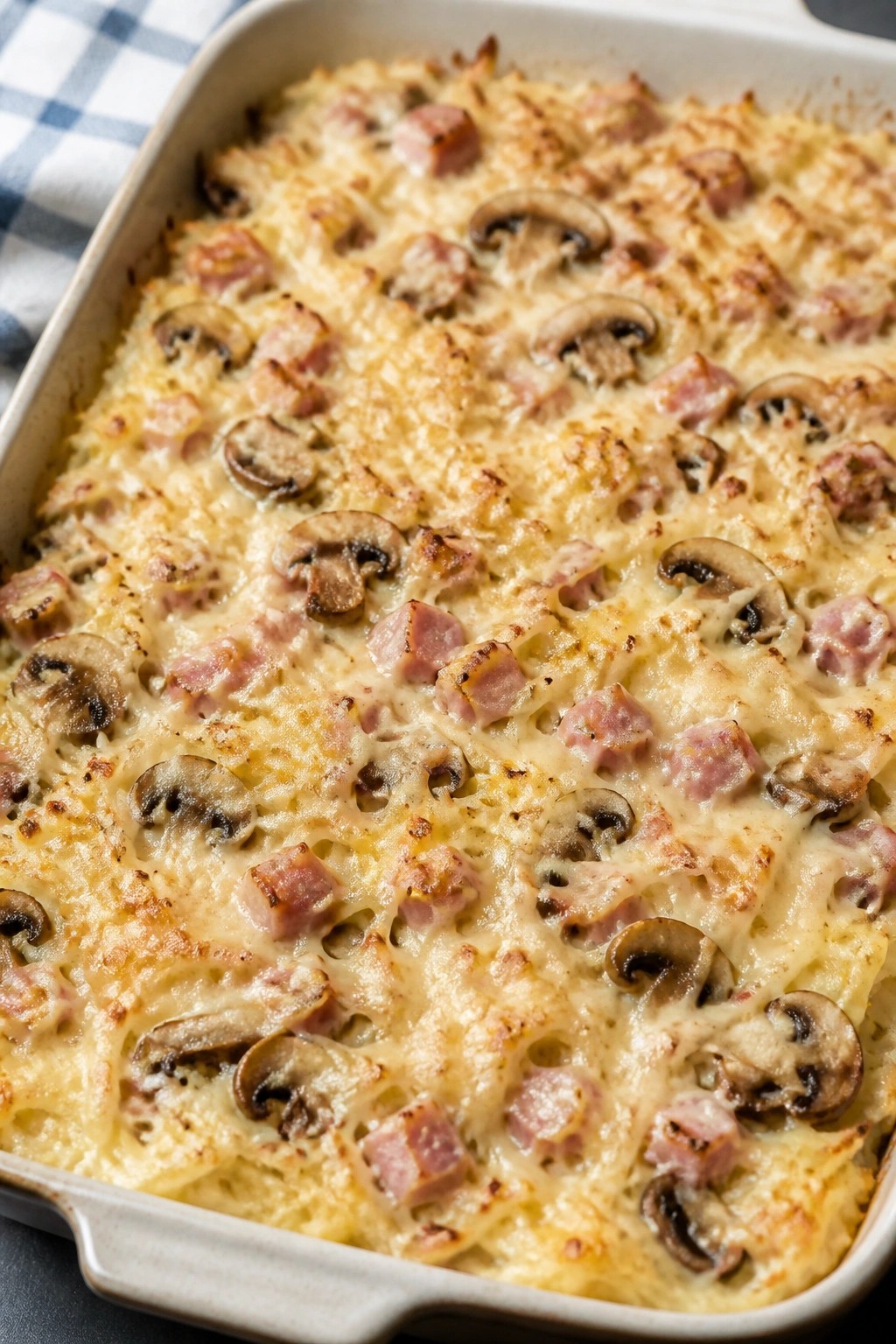 Ham, Mushroom, and Swiss Cheesy Hash Brown Casserole