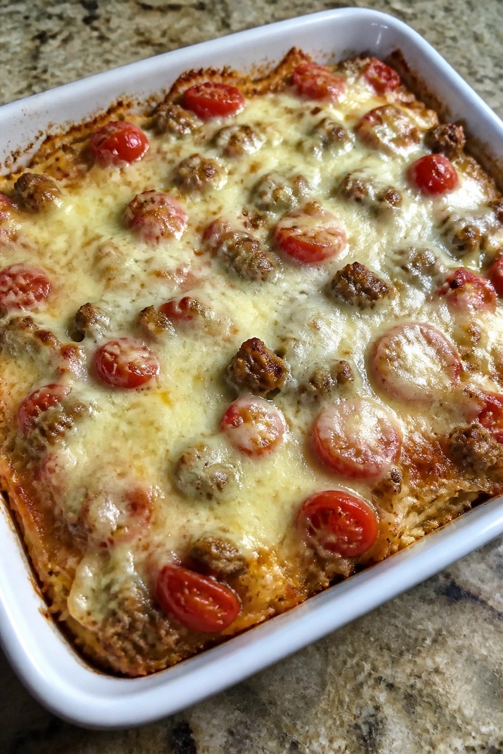Italian Sausage, Tomato, and Mozzarella Hash Brown Casserole