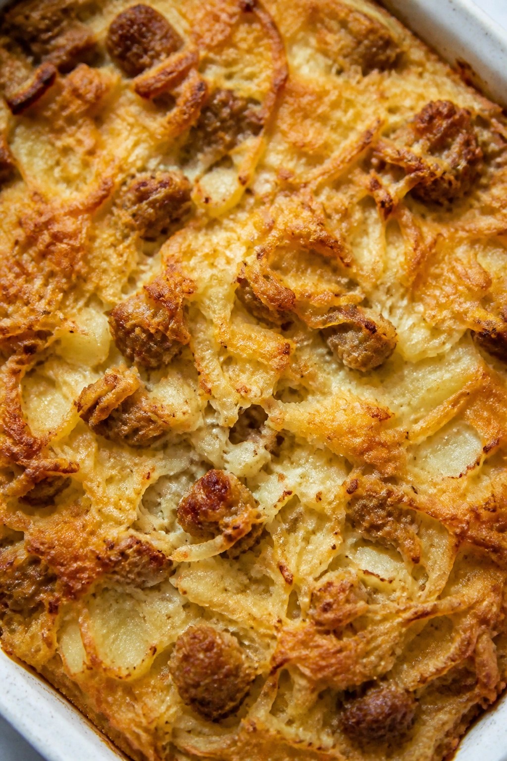 Turkey Sausage, Apple, and Gouda Cheesy Hash Brown Casserole