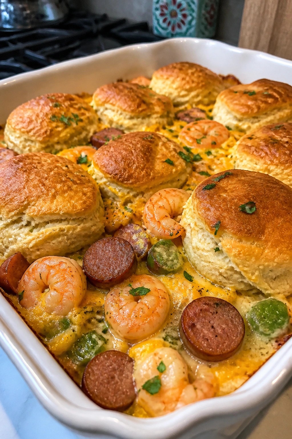 Shrimp and Andouille Biscuit Brunch Casserole
