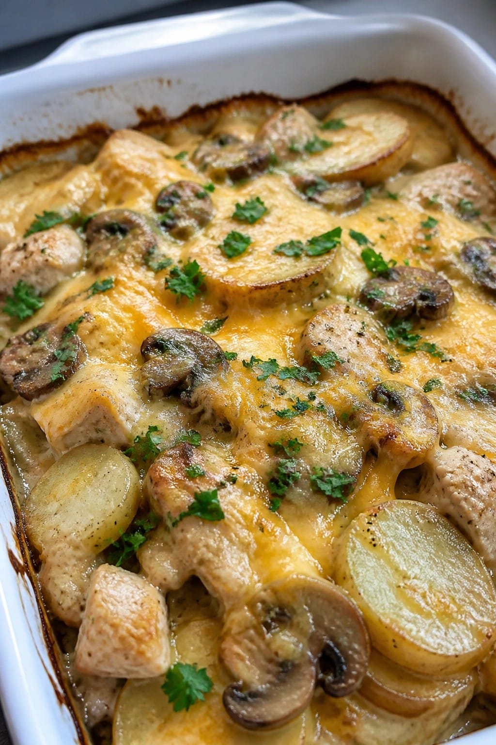 Creamy Garlic Chicken and Mushroom Potato Casserole