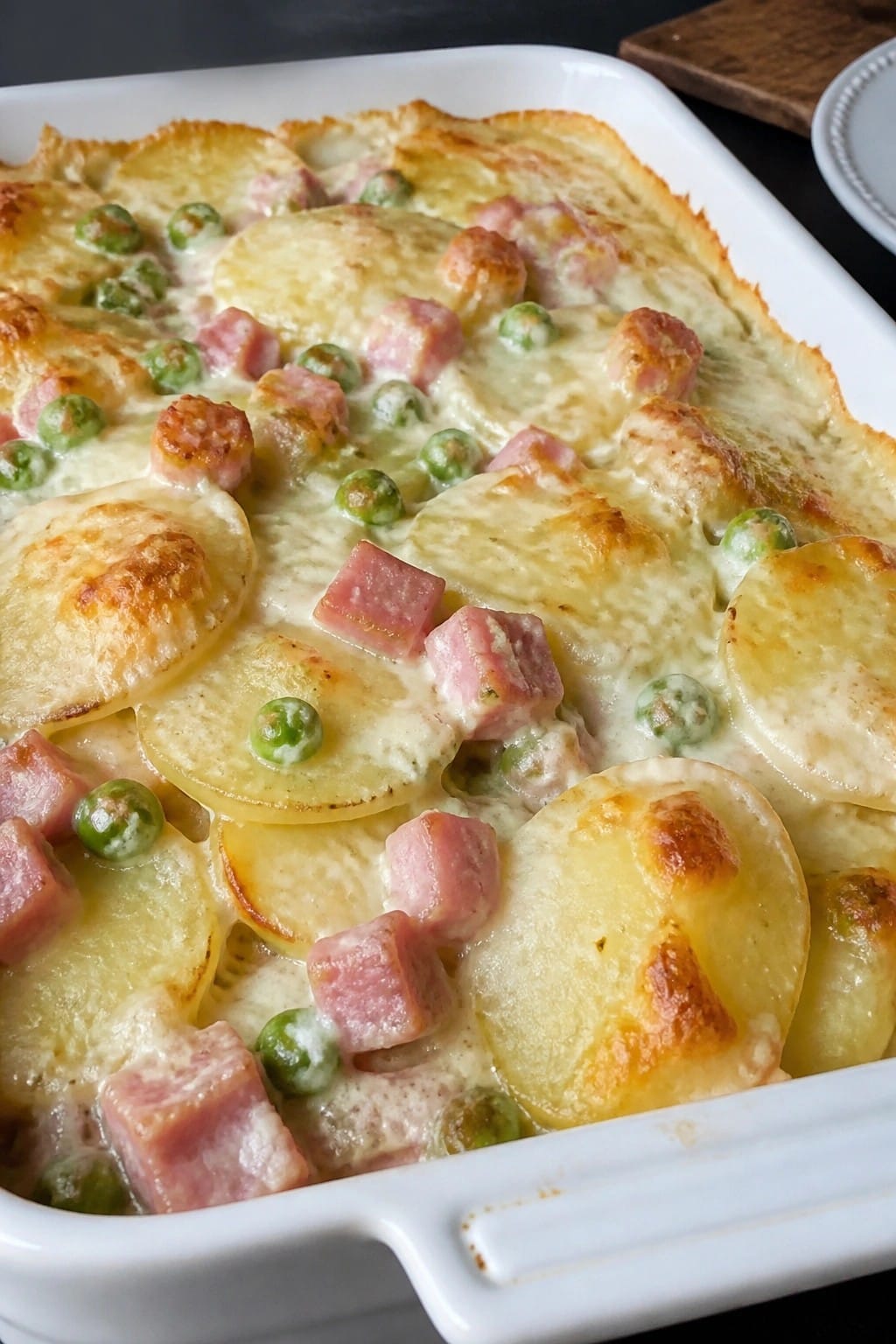 Ham, Pea, and Swiss Scalloped Potato Casserole