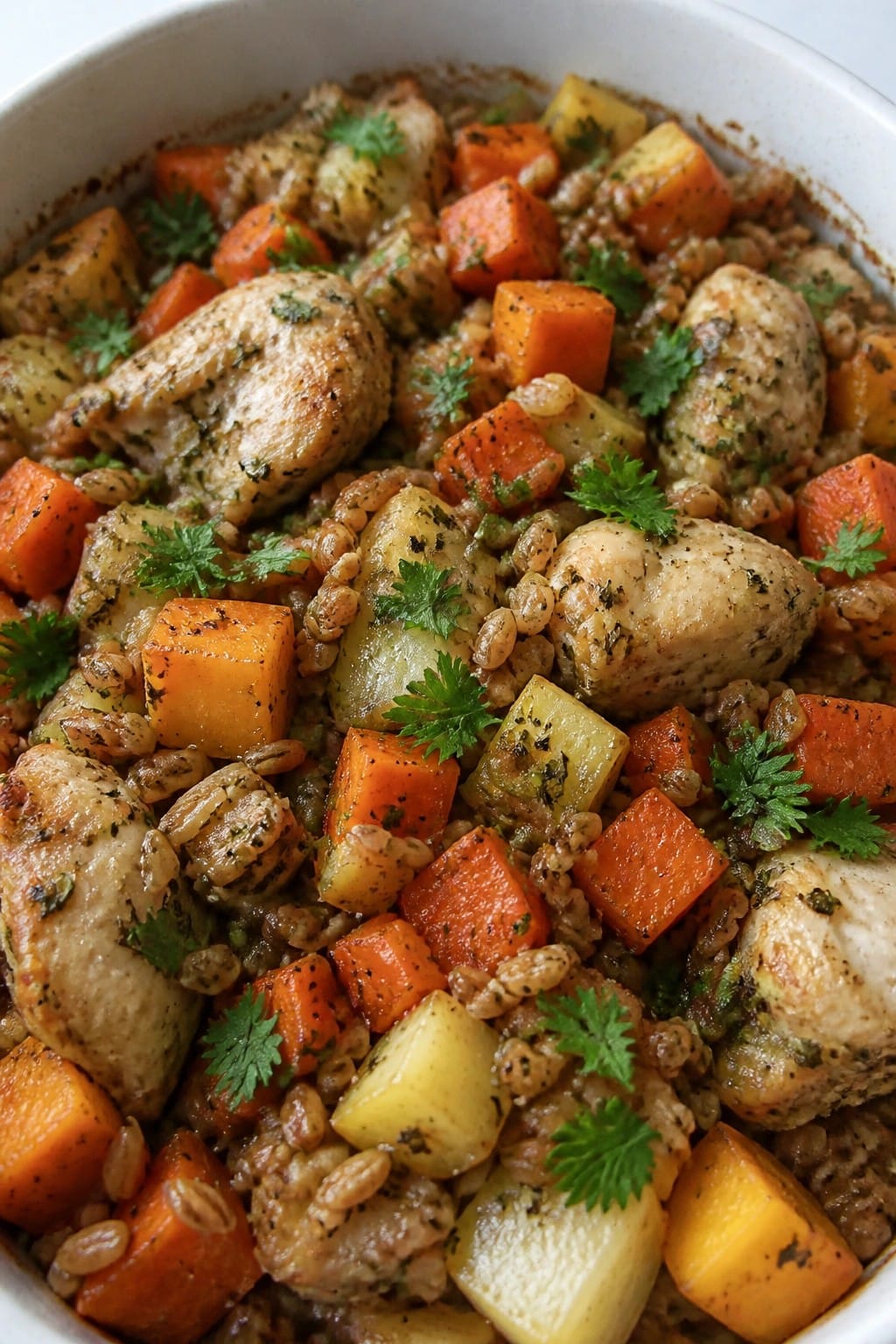 Baked Farro Casserole with Roasted Root Vegetables and Lemon Herb Chicken