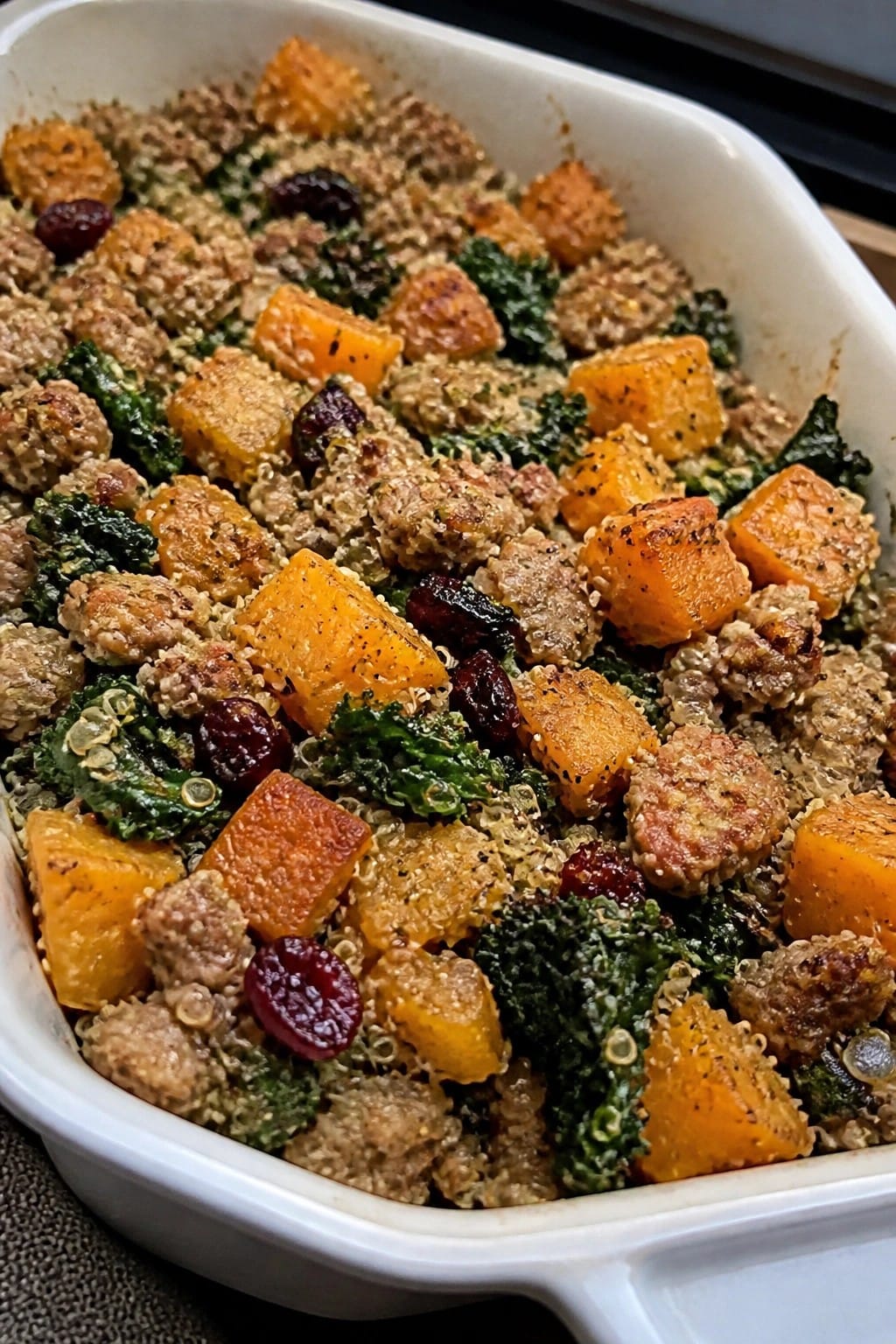 Butternut Squash Turkey Quinoa Casserole with Kale and Cranberries