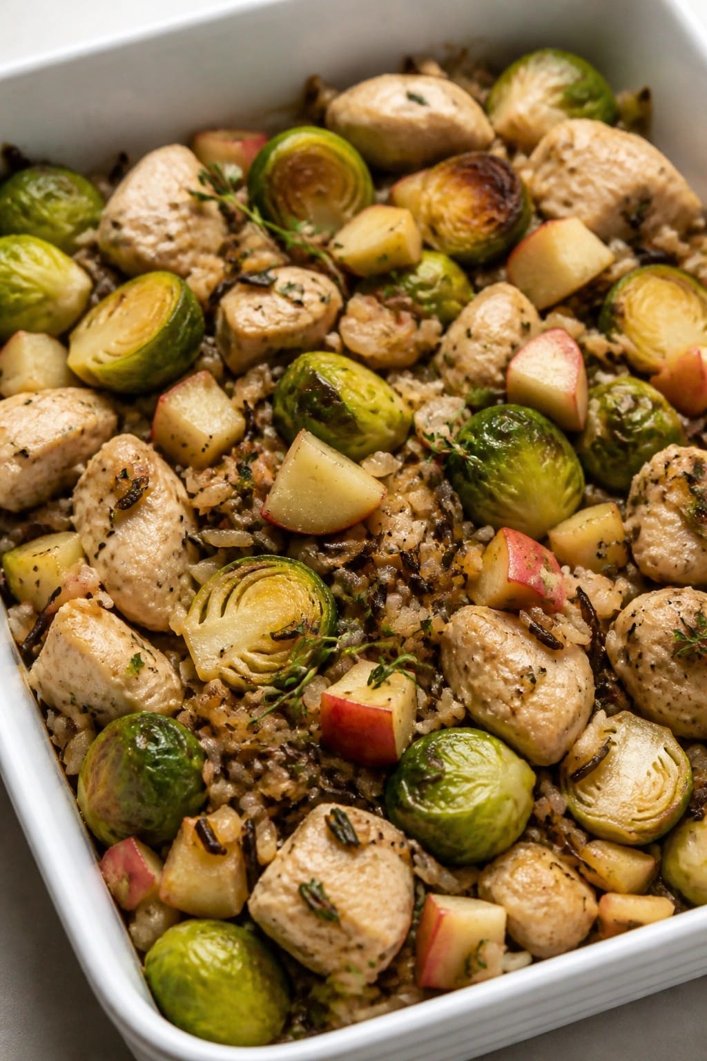 Chicken Apple Brussels Sprouts Casserole with Thyme and Wild Rice