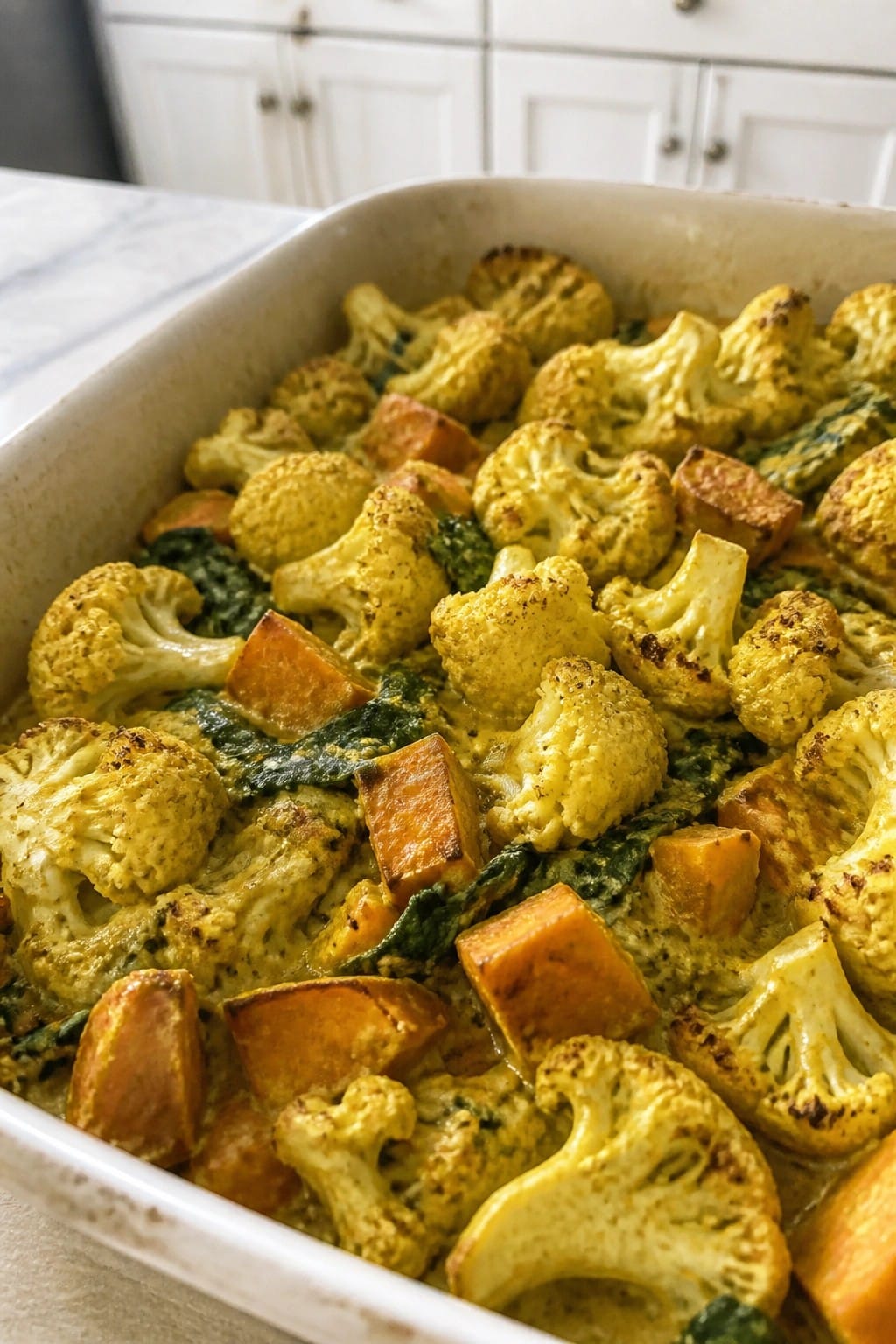 Curried Cauliflower Sweet Potato Casserole with Spinach and Yogurt Sauce