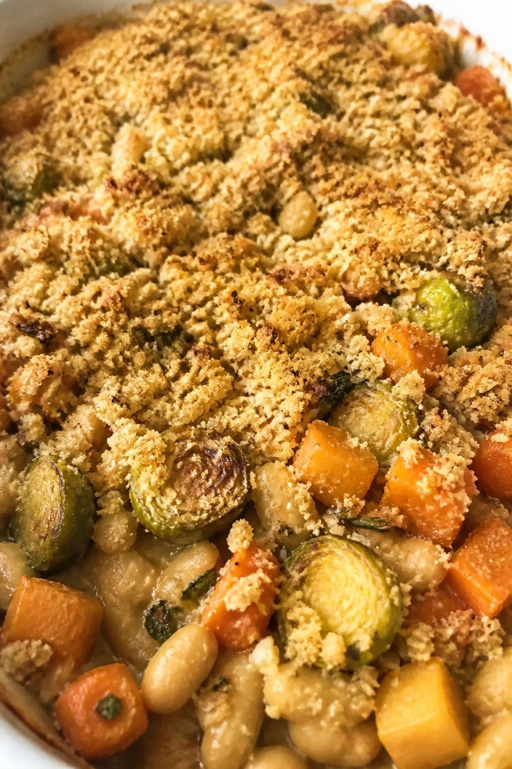 Harvest Vegetable White Bean Casserole with Rosemary and Whole Grain Breadcrumbs