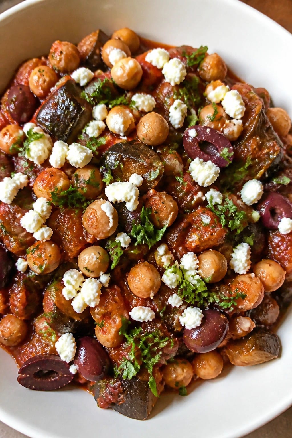 Mediterranean Chickpea Eggplant Casserole with Feta and Olives