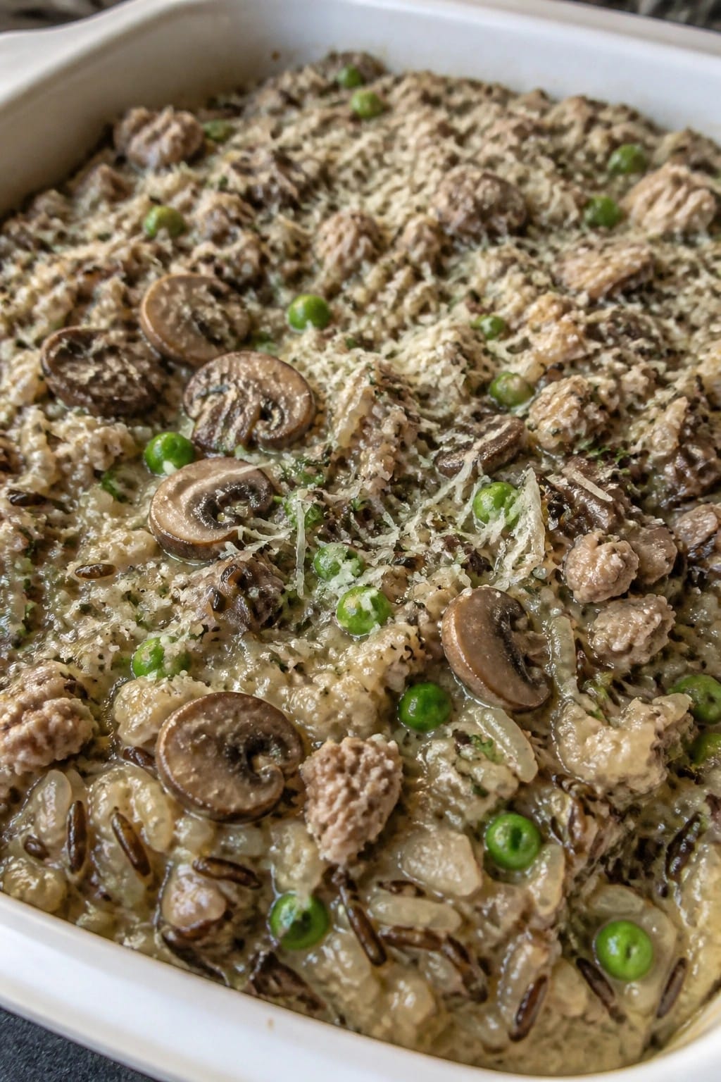 Turkey Mushroom Wild Rice Casserole with Peas and Light Parmesan