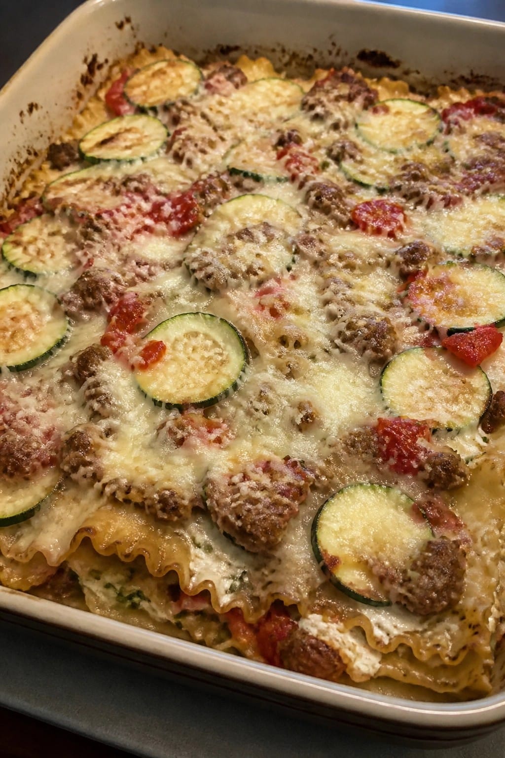 Zucchini Sausage Lasagna Casserole with Ricotta and Roasted Red Peppers