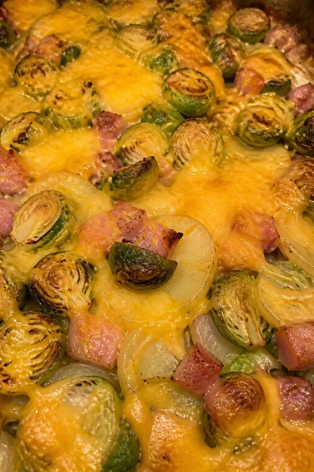 Cheesy Ham and Brussels Sprouts Potato Casserole
