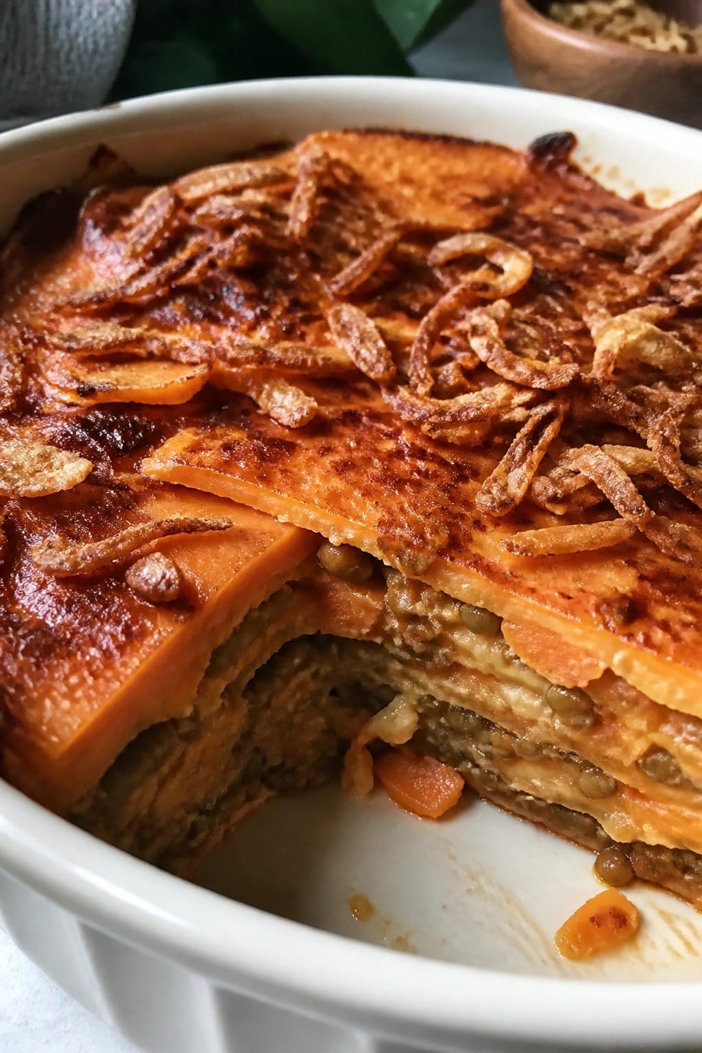 Sweet Potato and Lentil Gratin with Crispy Shallots