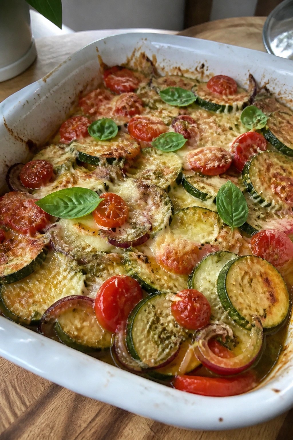Italian Roasted Pepper Pesto Zucchini Casserole