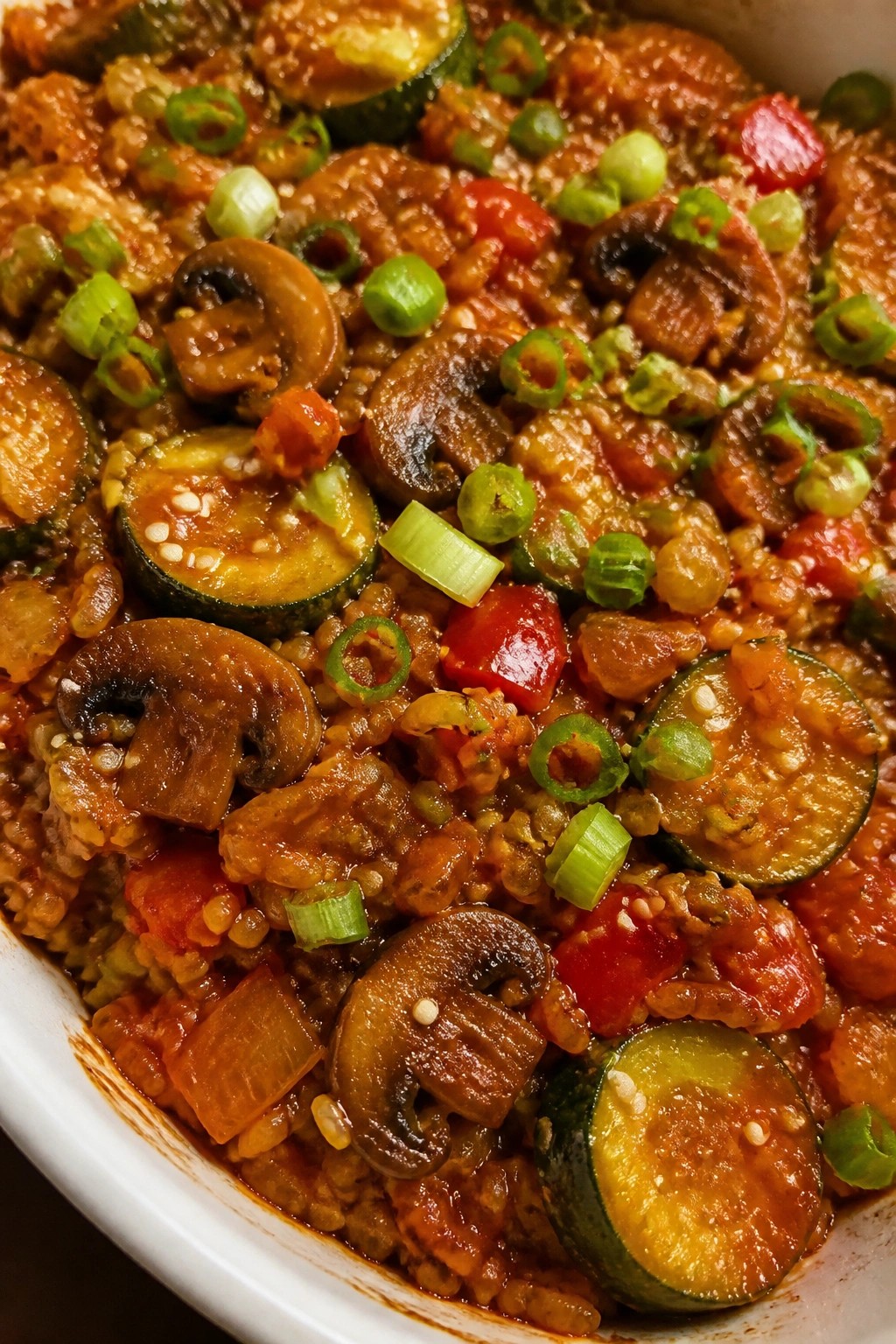 Korean Gochujang Mushroom Brown Rice Zucchini Bake