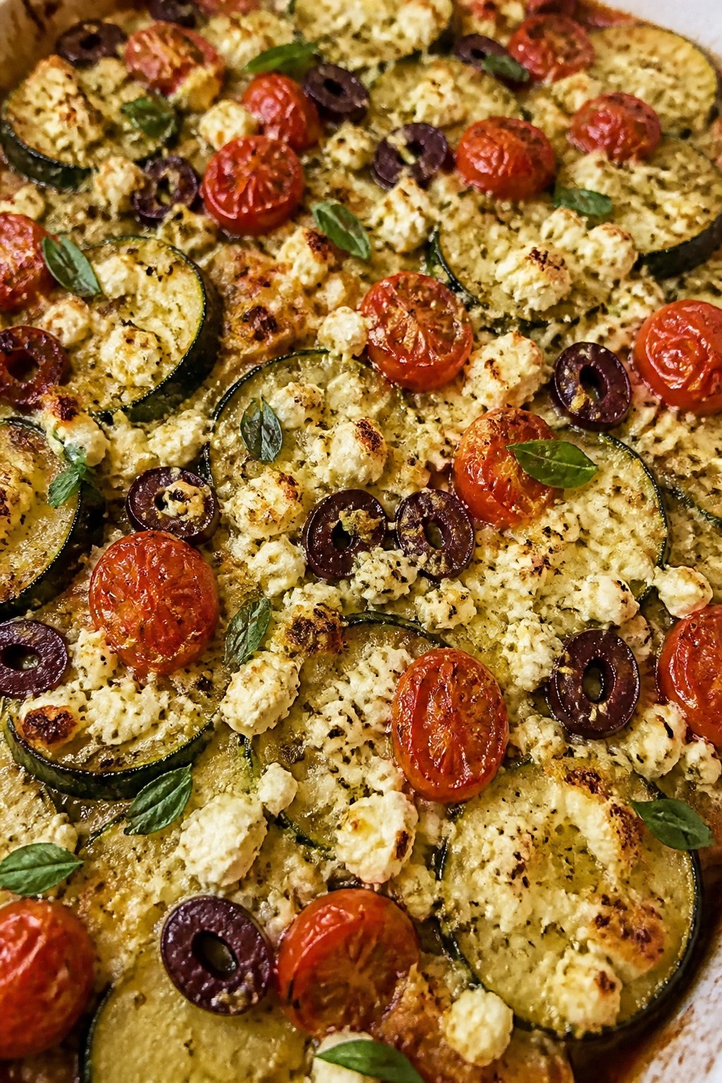 Mediterranean Feta Olive and Tomato Zucchini Casserole