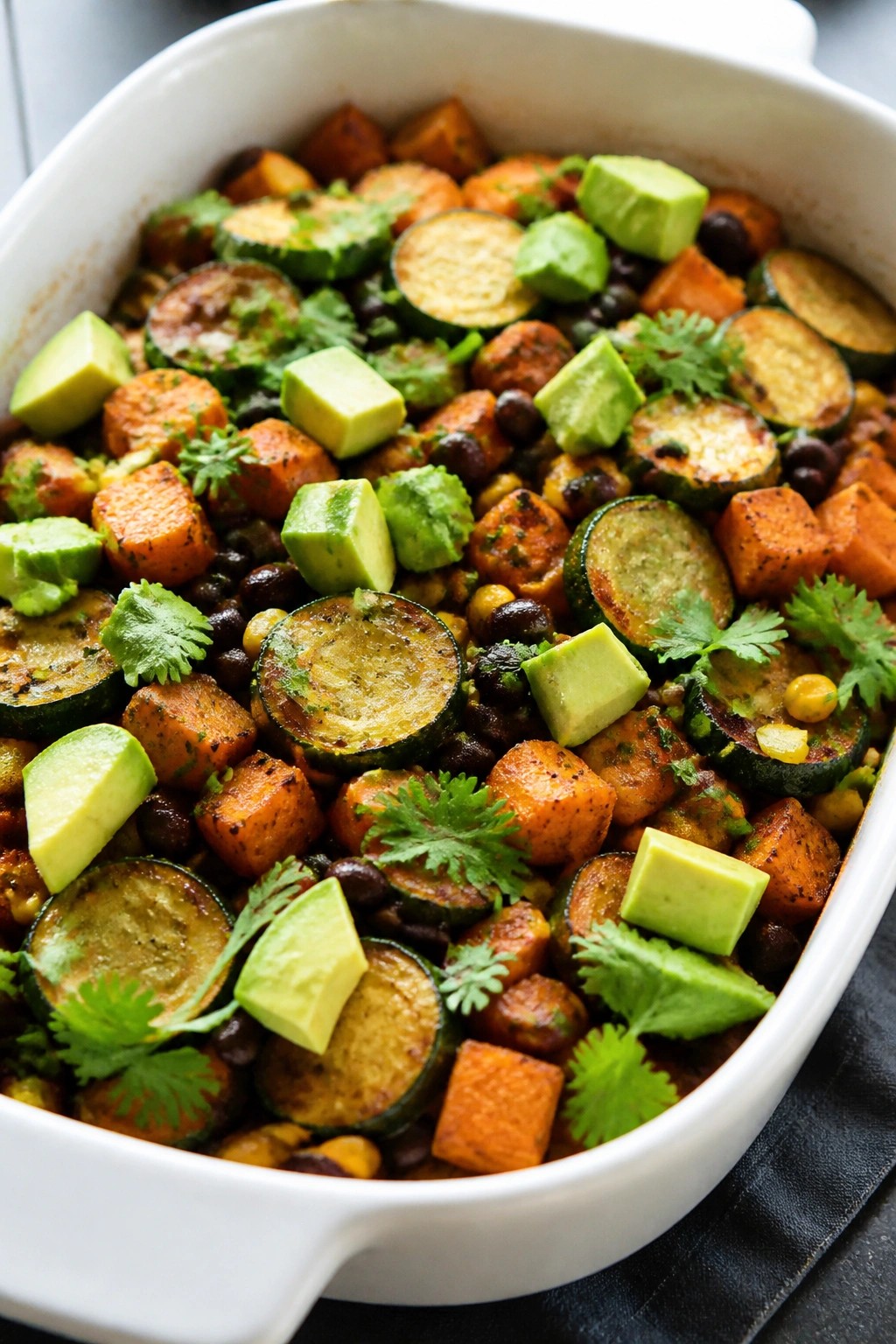 Tex-Mex Sweet Potato Avocado Zucchini Casserole