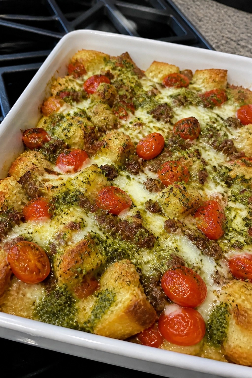 Italian Sausage Pesto Tomato Breakfast Bake