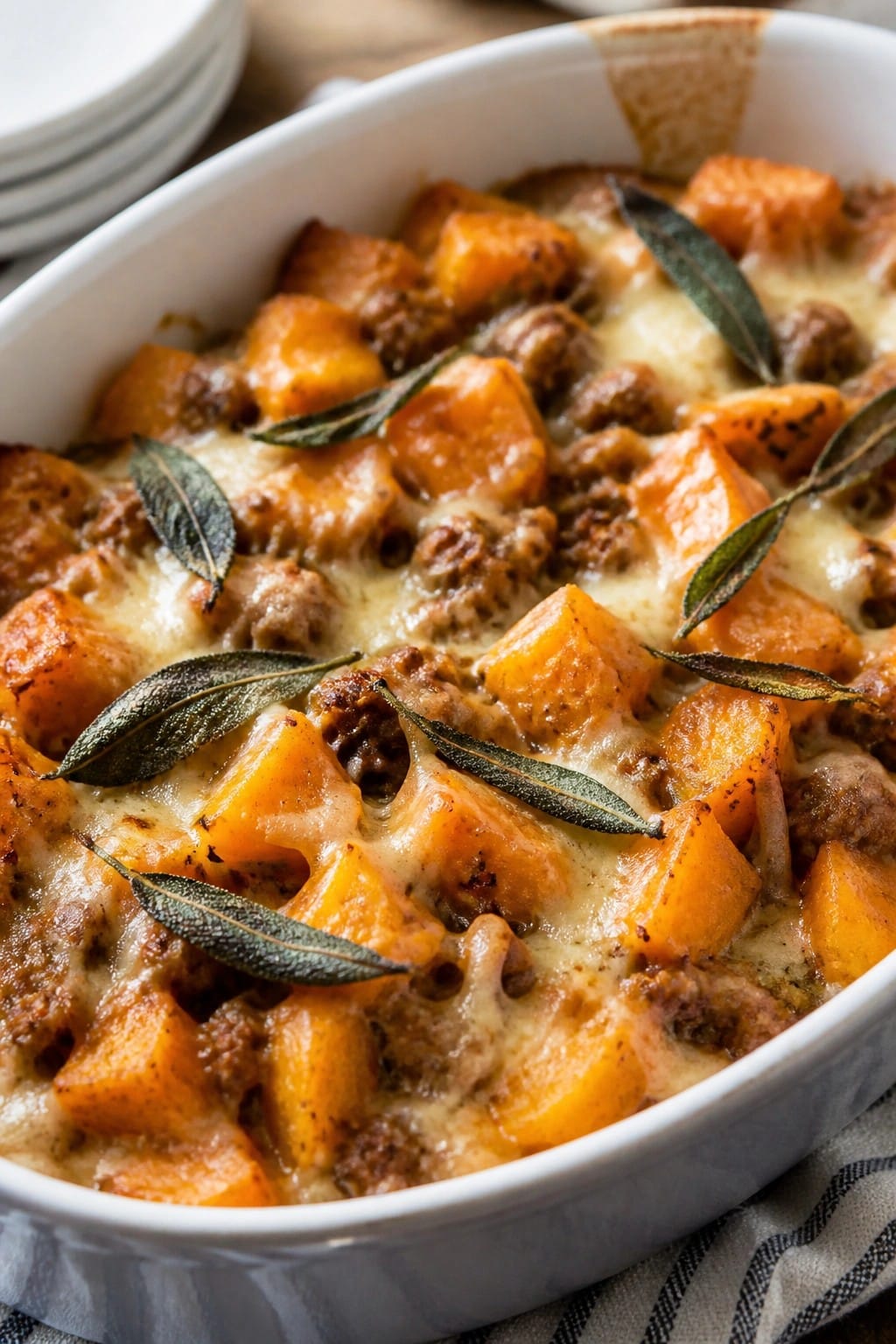 Butternut Squash Casserole with Sausage and Crispy Sage