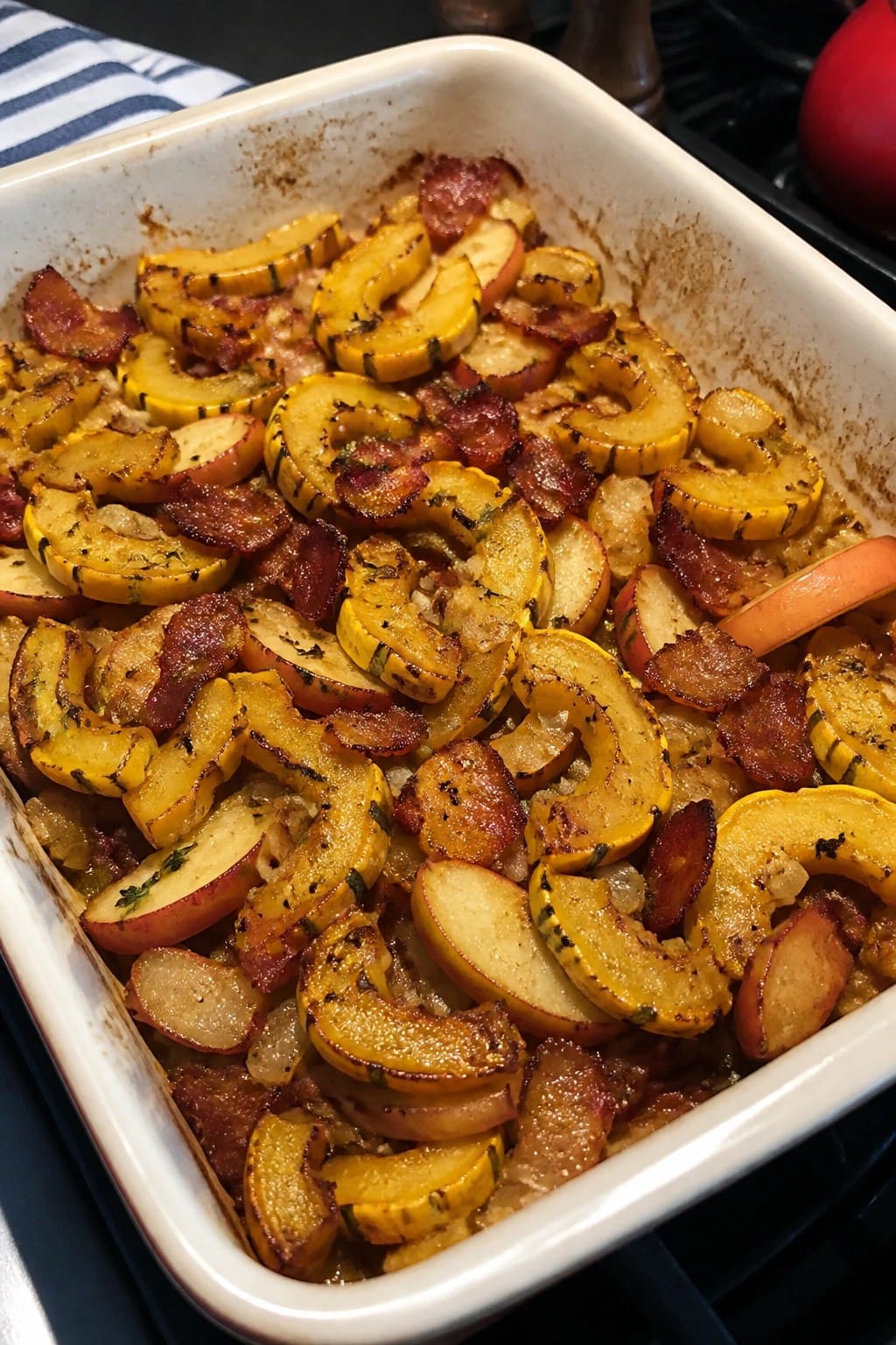 Delicata Squash Casserole with Bacon, Apples, and Maple